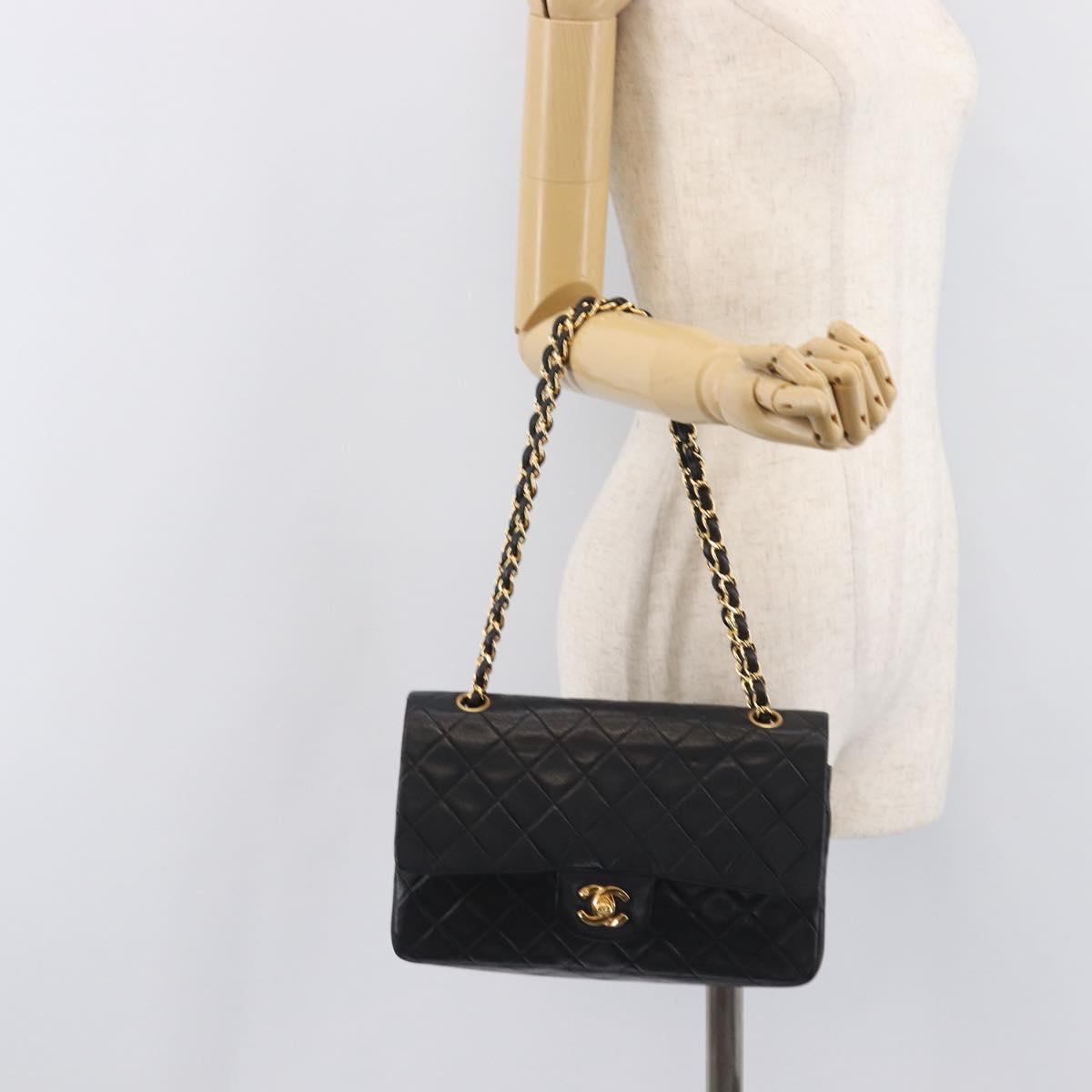 CHANEL Matelasse 25 Double Flap Chain Bag Lamb Skin Black Gold CC Auth 213975SAM
