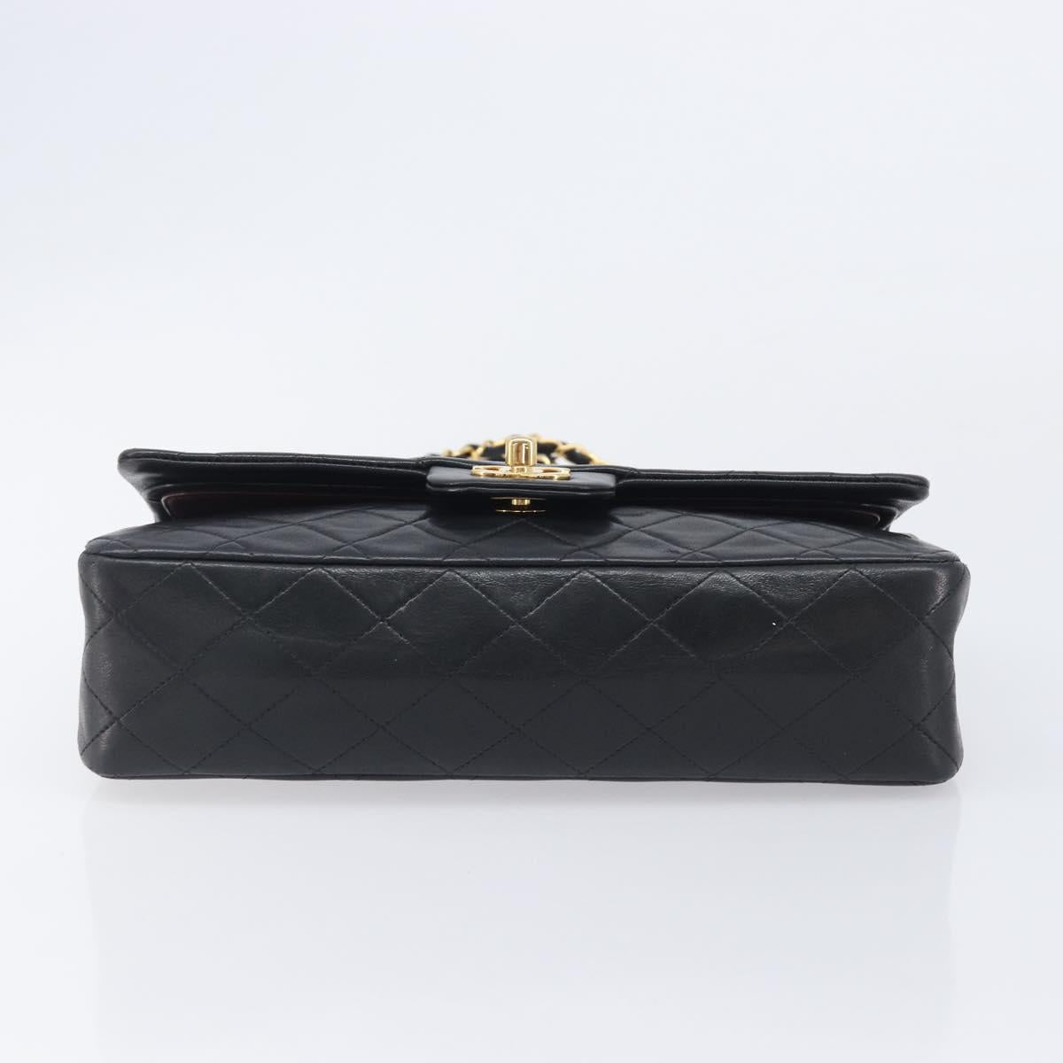 CHANEL Matelasse 25 Double Flap Chain Bag Lamb Skin Black Gold CC Auth 213975SAM