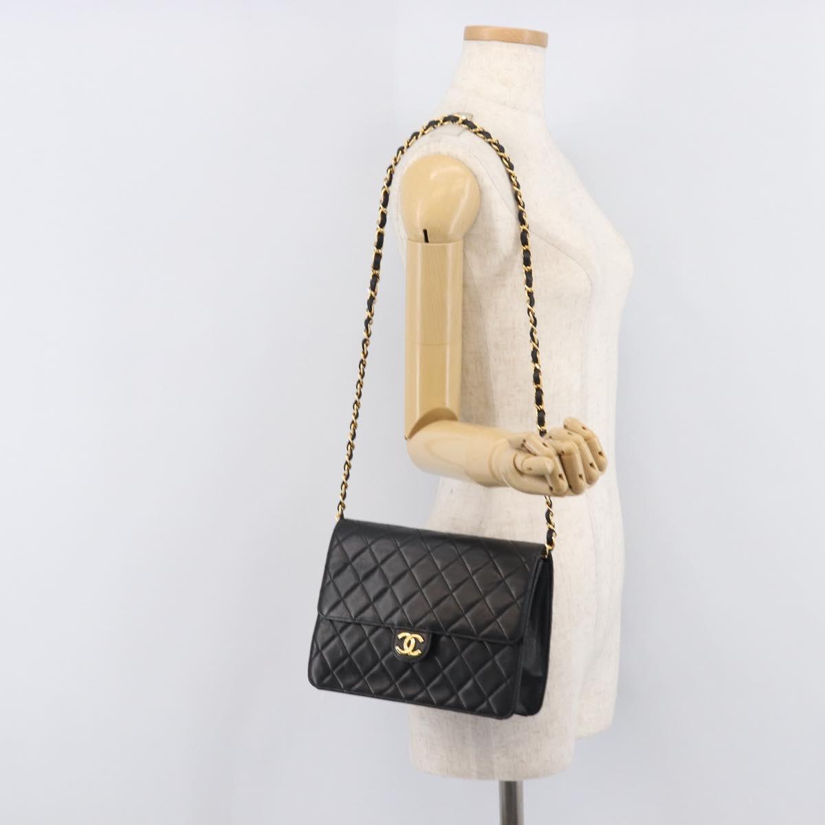 CHANEL Matelasse Push Lock Chain Bag Lamb Skin Black Gold CC Auth 213982SAV