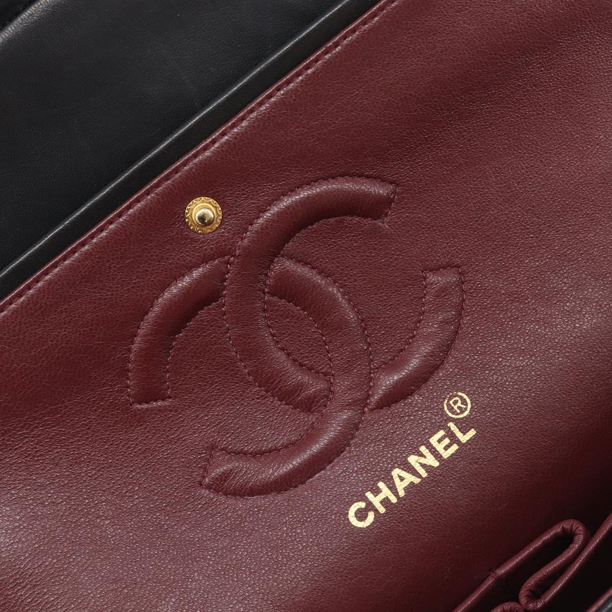 CHANEL Matelasse 25 Double Flap Chain Bag Lamb Skin Black Gold CC Auth 213989SAM