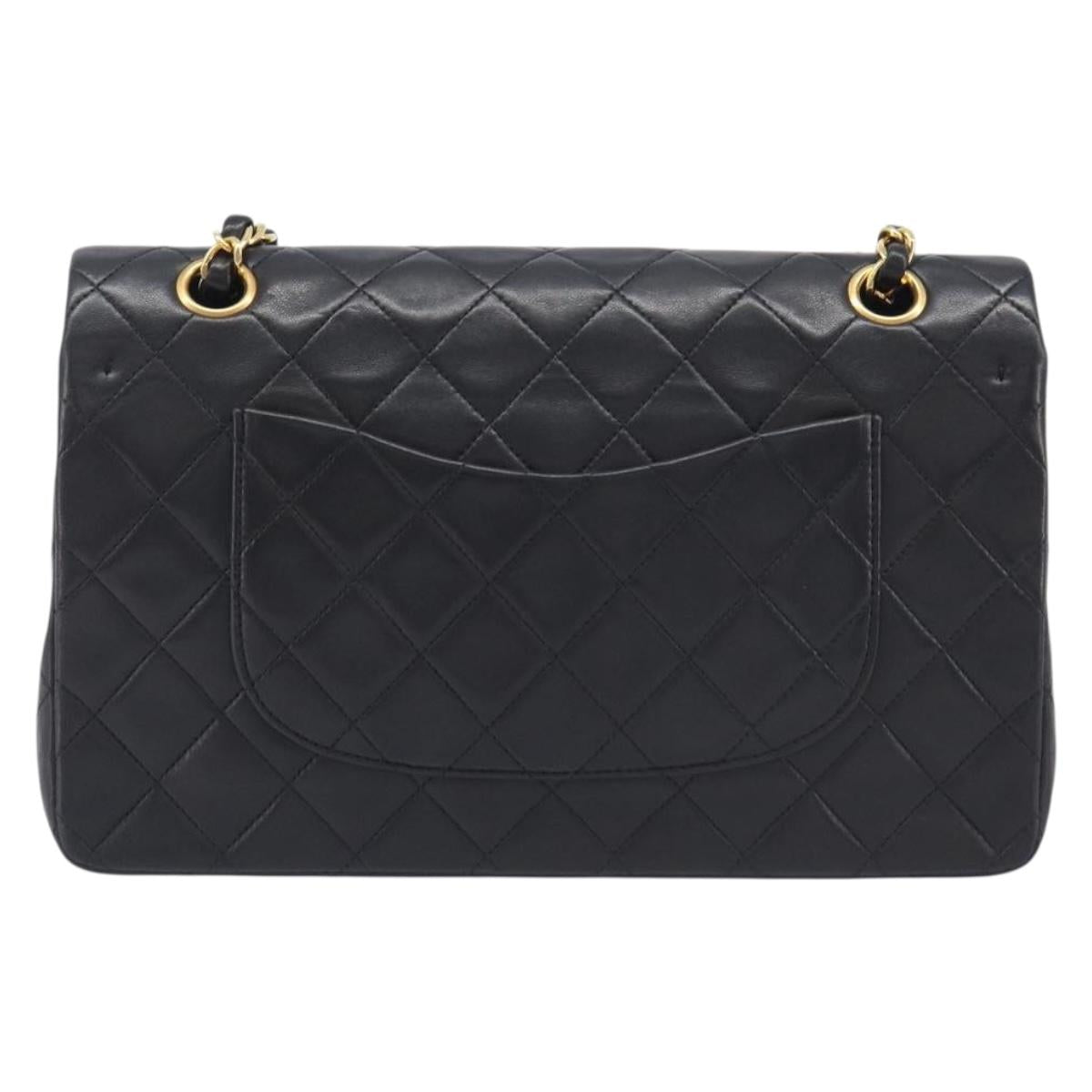 CHANEL Matelasse 25 Double Flap Chain Bag Lamb Skin Black Gold CC Auth 213989SAM