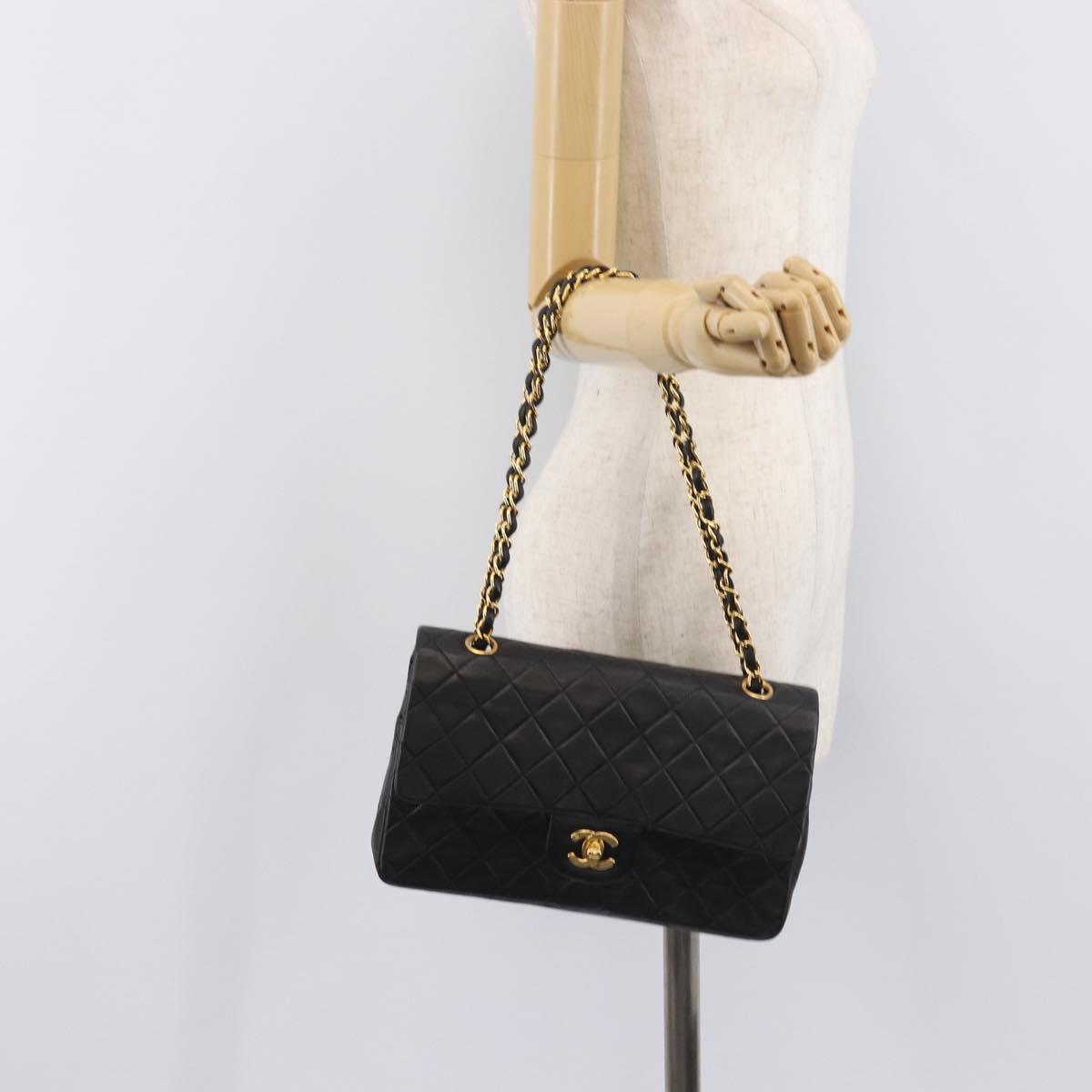 CHANEL Matelasse 25 Double Flap Chain Bag Lamb Skin Black Gold CC Auth 213989SAM