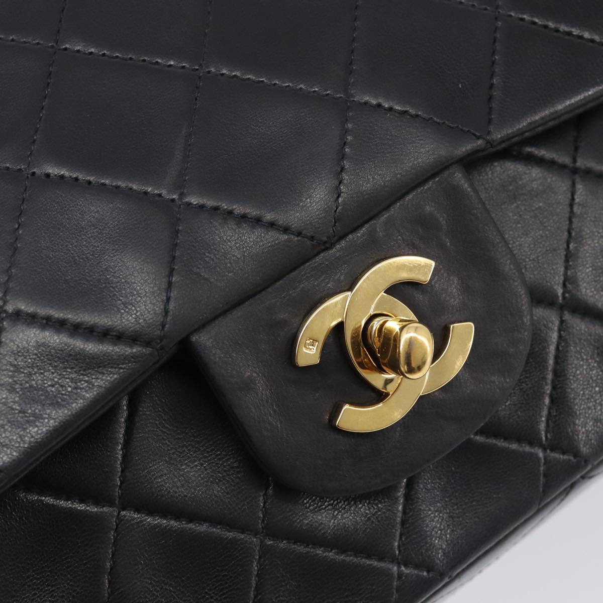 CHANEL Matelasse 25 Double Flap Chain Bag Lamb Skin Black Gold CC Auth 213992SAM