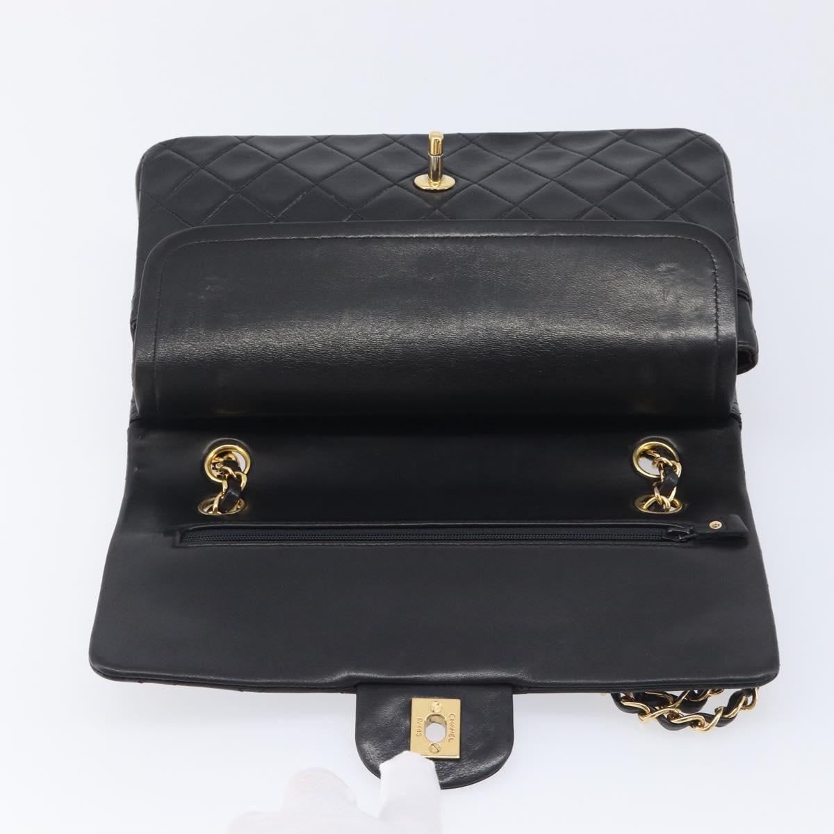 CHANEL Matelasse 25 Double Flap Chain Bag Lamb Skin Black Gold CC Auth 213992SAM