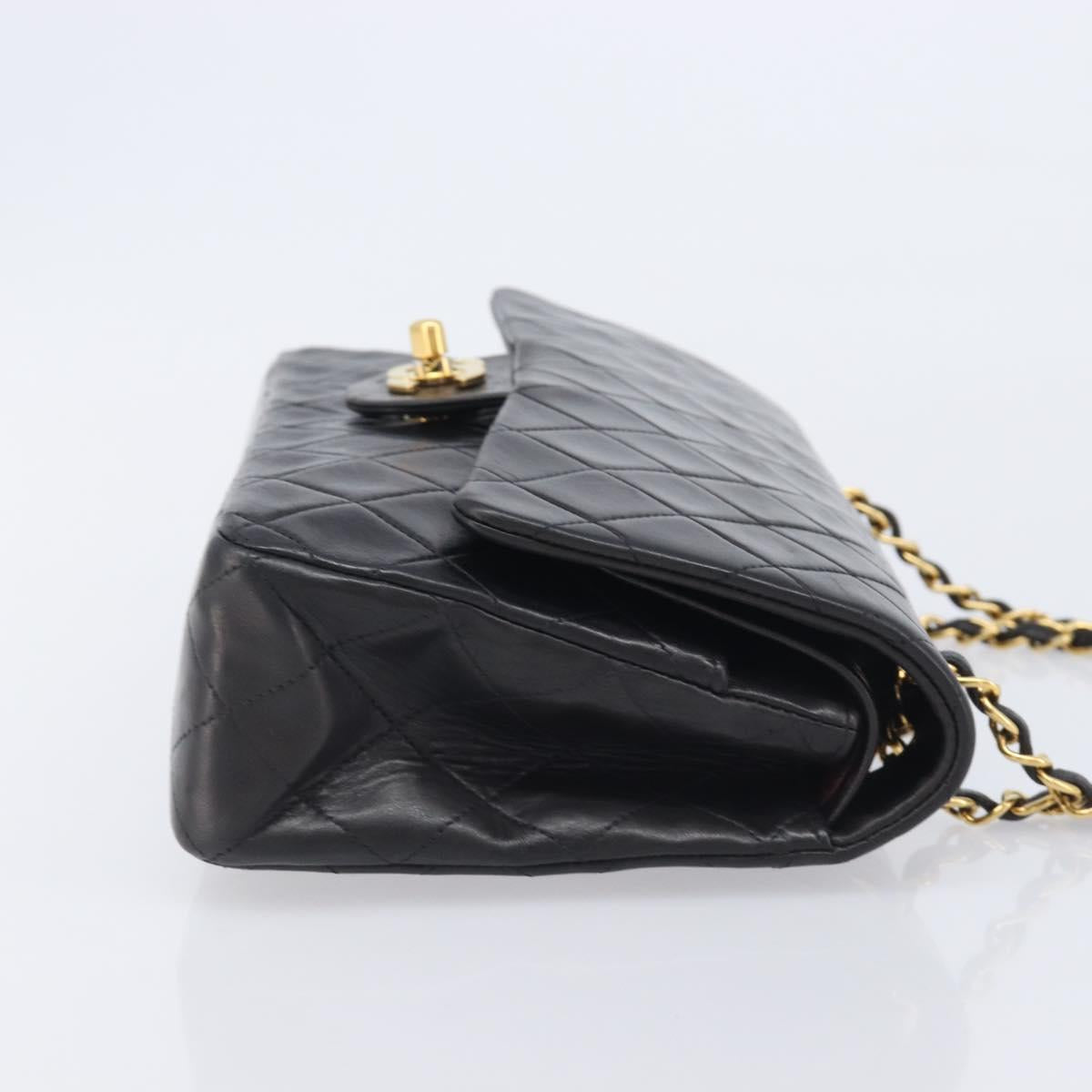 CHANEL Matelasse 25 Double Flap Chain Bag Lamb Skin Black Gold CC Auth 213992SAM