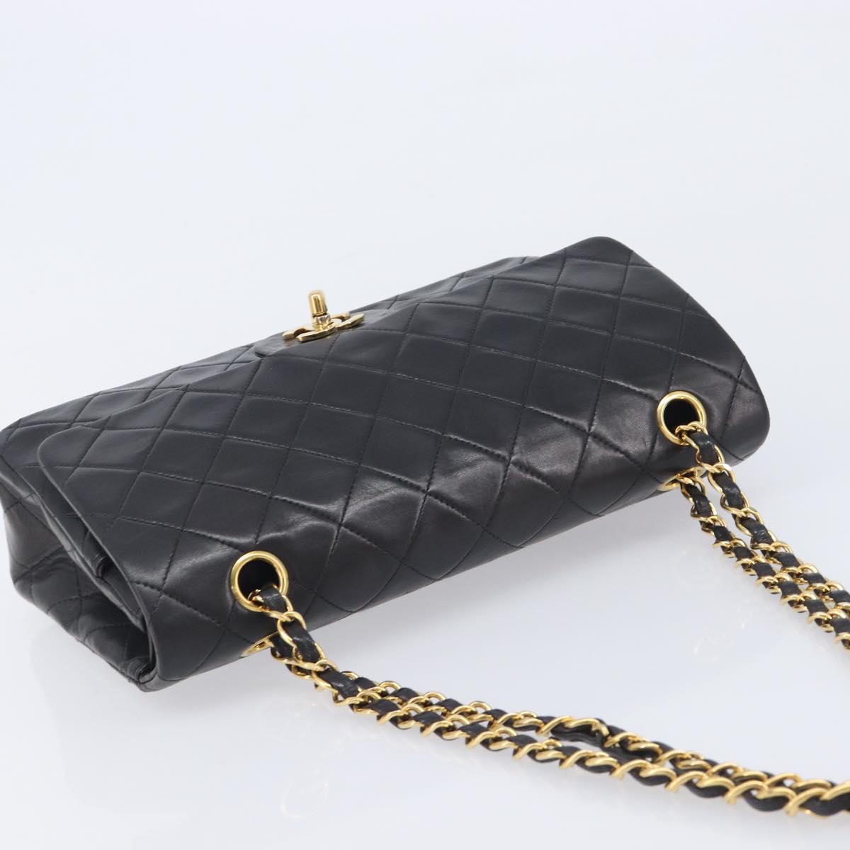 CHANEL Matelasse 25 Double Flap Chain Bag Lamb Skin Black Gold CC Auth 213992SAM
