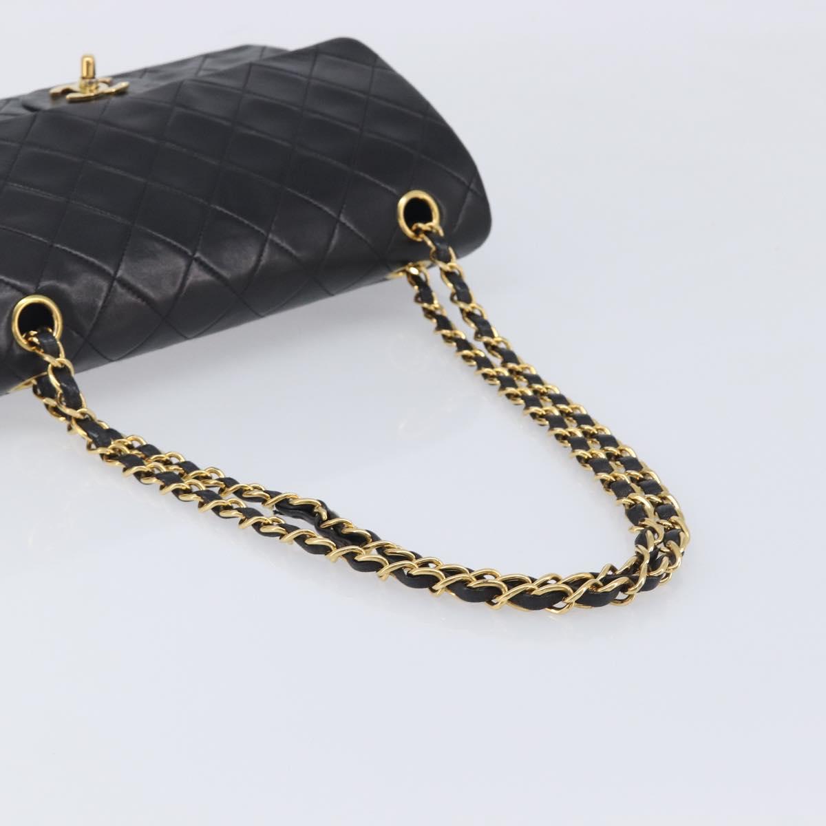 CHANEL Matelasse 25 Double Flap Chain Bag Lamb Skin Black Gold CC Auth 213992SAM