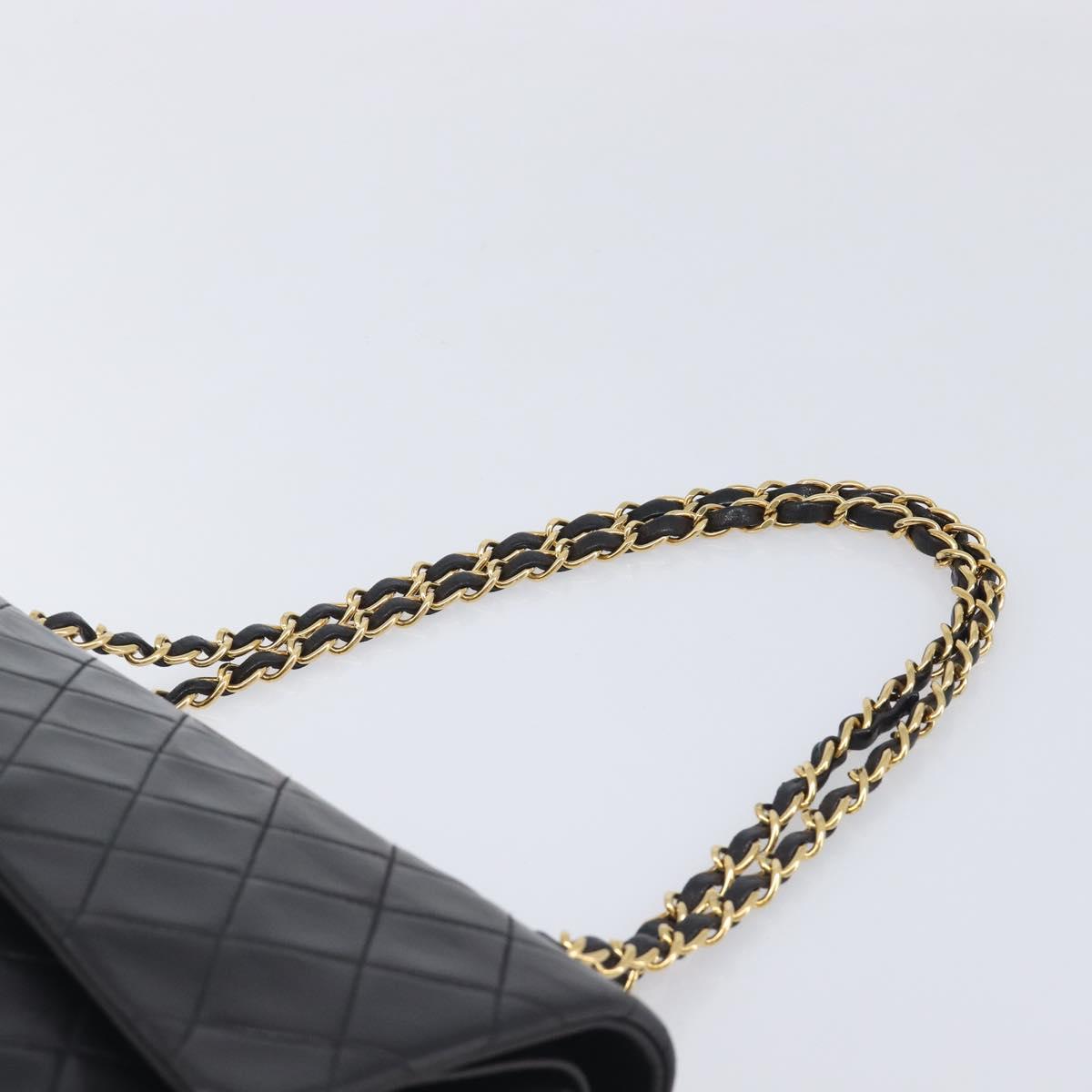 CHANEL Matelasse 25 Double Flap Chain Bag Lamb Skin Black Gold CC Auth 213992SAM