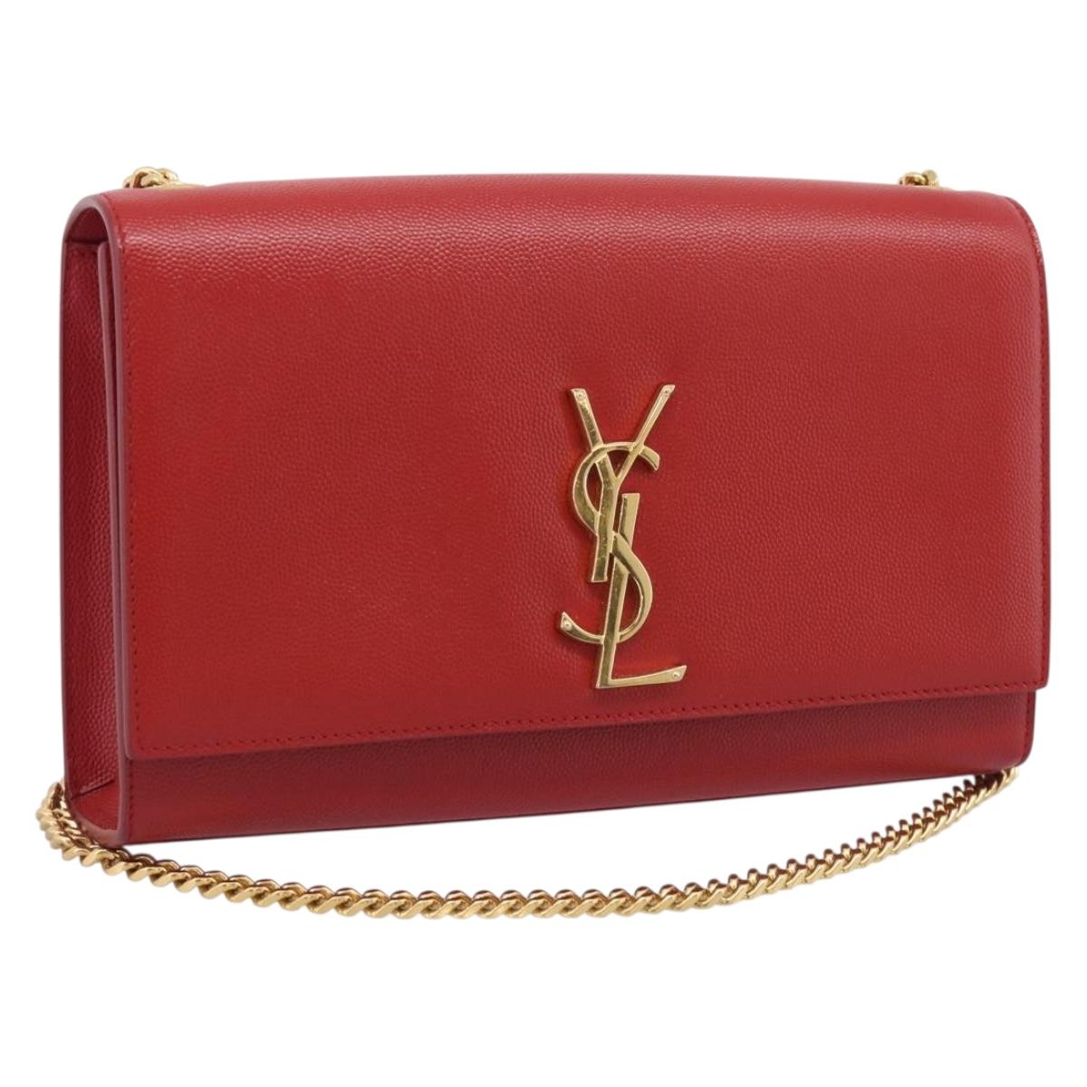 Saint Laurent Kate Chain Shoulder Bag Leather Red Gold Auth 214000M