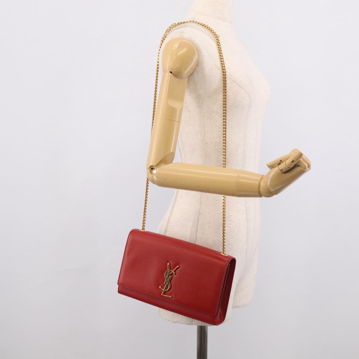 Saint Laurent Kate Chain Shoulder Bag Leather Red Gold Auth 214000M