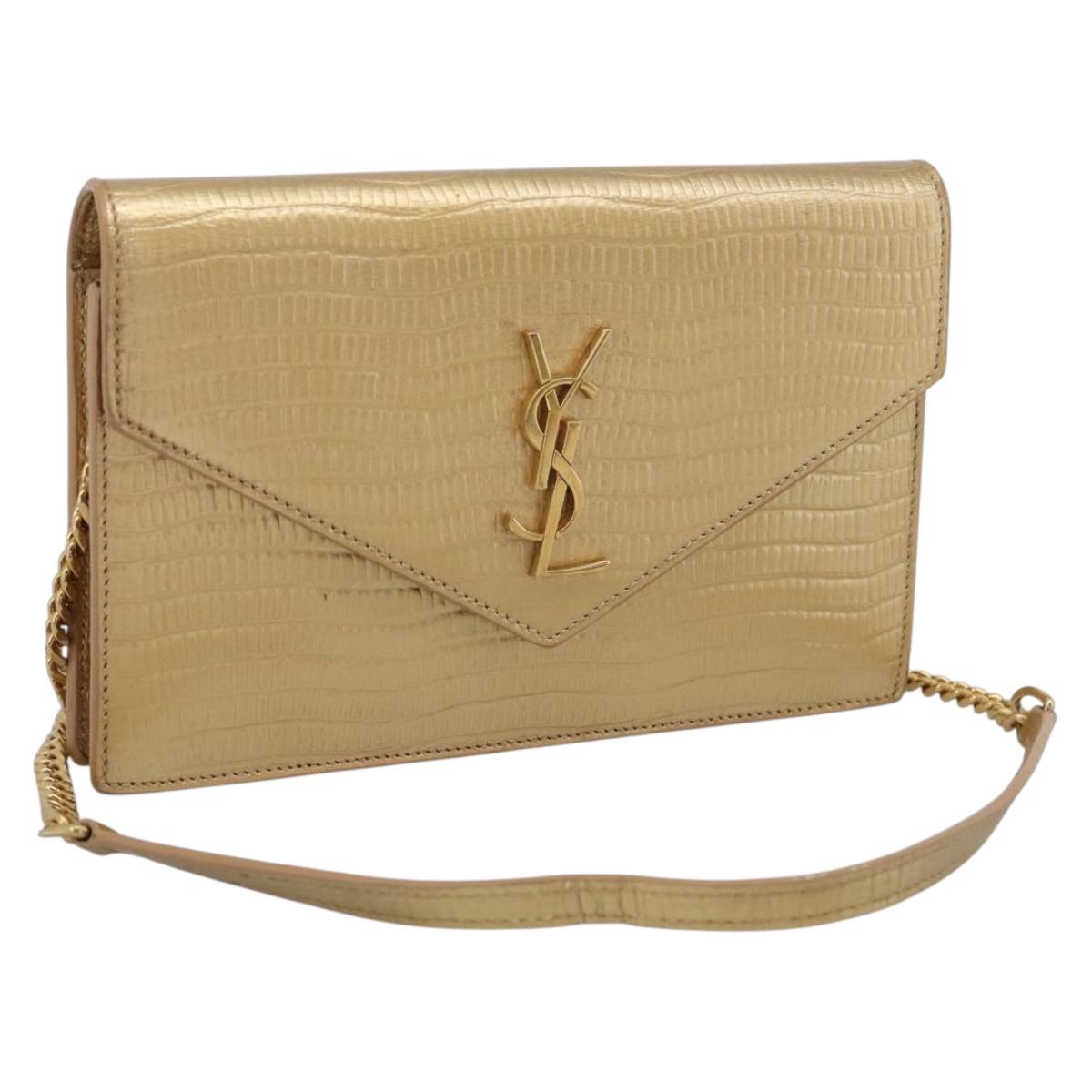 Saint Laurent Chain Shoulder Bag Leather Embossed Gold Auth 214003M
