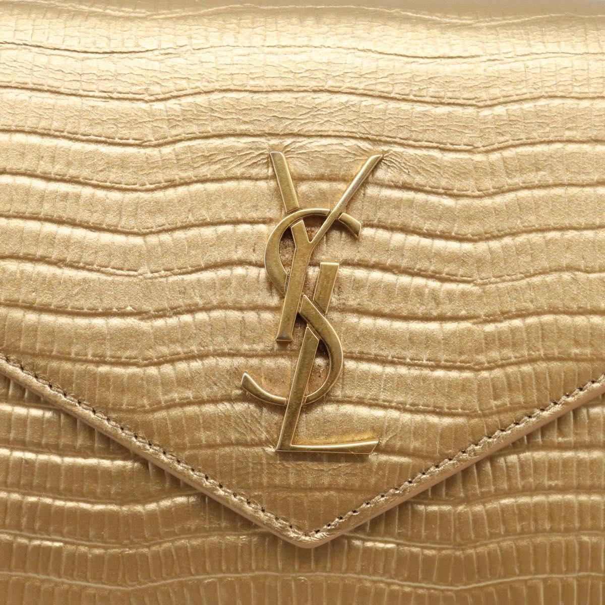 Saint Laurent Chain Shoulder Bag Leather Embossed Gold Auth 214003M