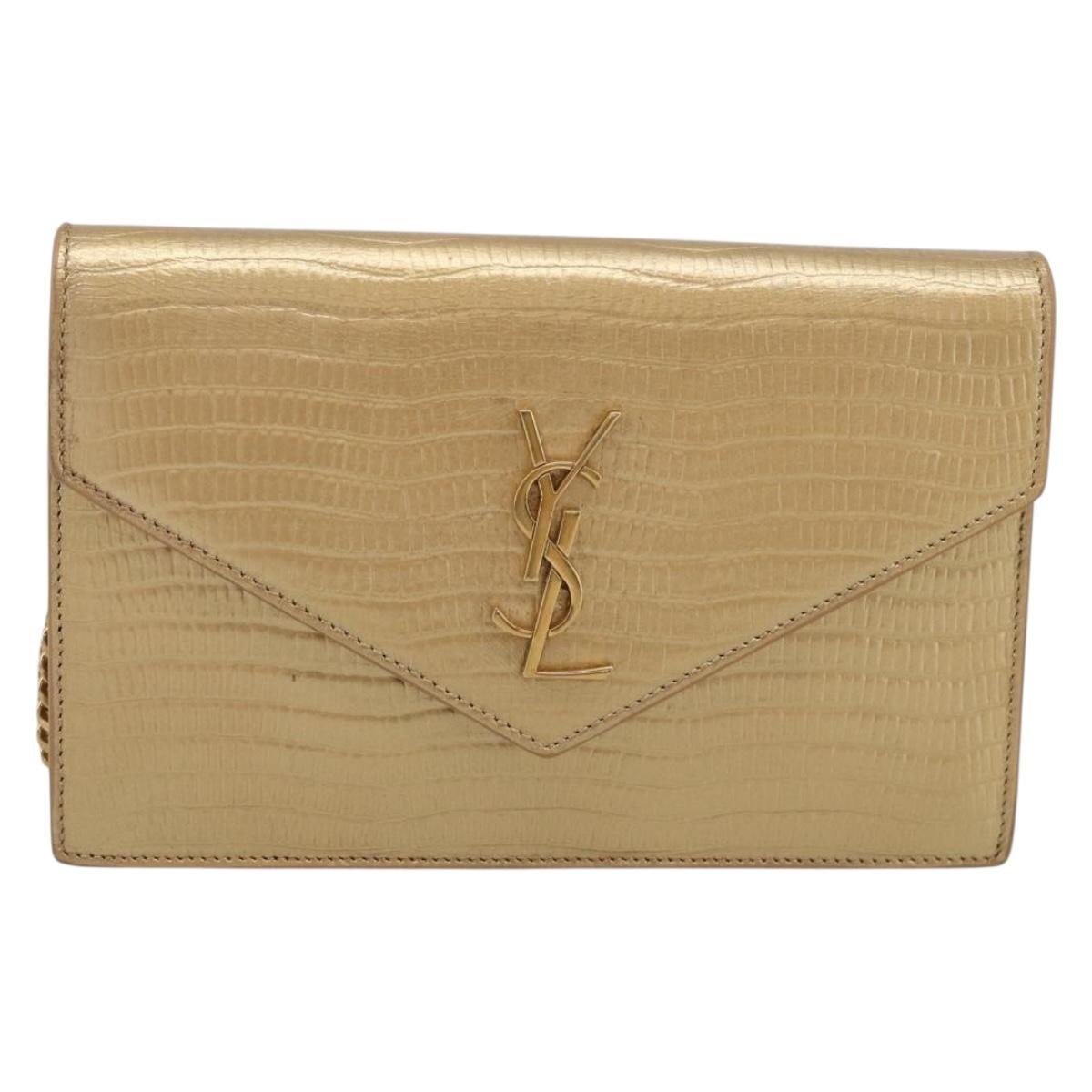 Saint Laurent Chain Shoulder Bag Leather Embossed Gold Auth 214003M