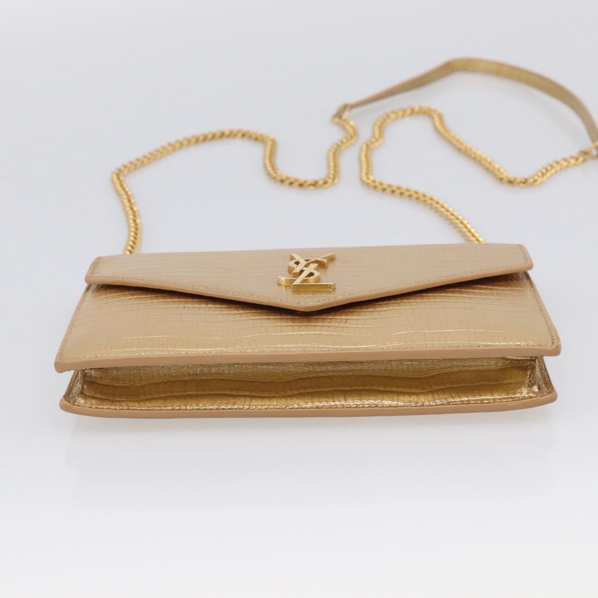 Saint Laurent Chain Shoulder Bag Leather Embossed Gold Auth 214003M