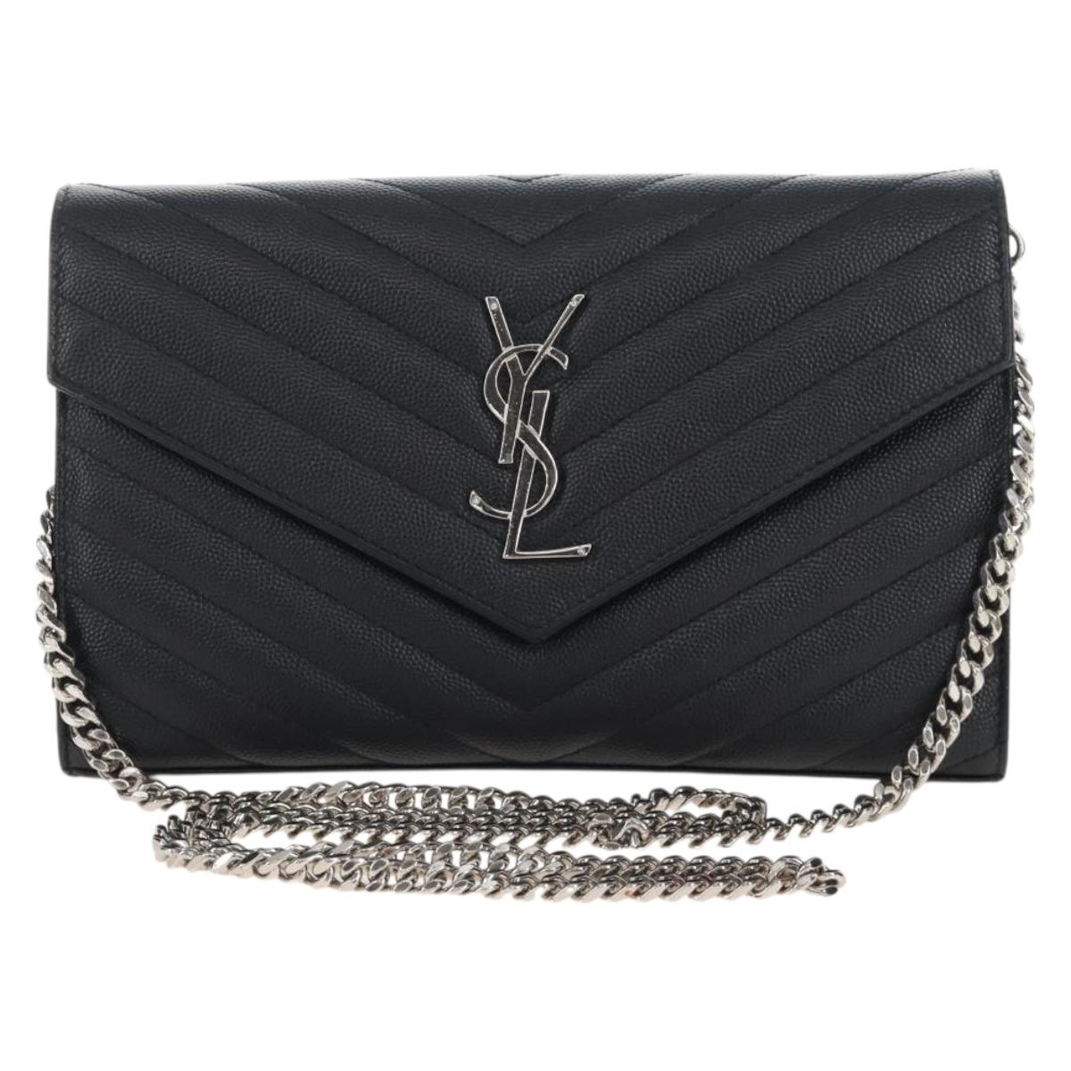 Saint Laurent Cassandra Chain Wallet Leather Black Silver Auth 214004M