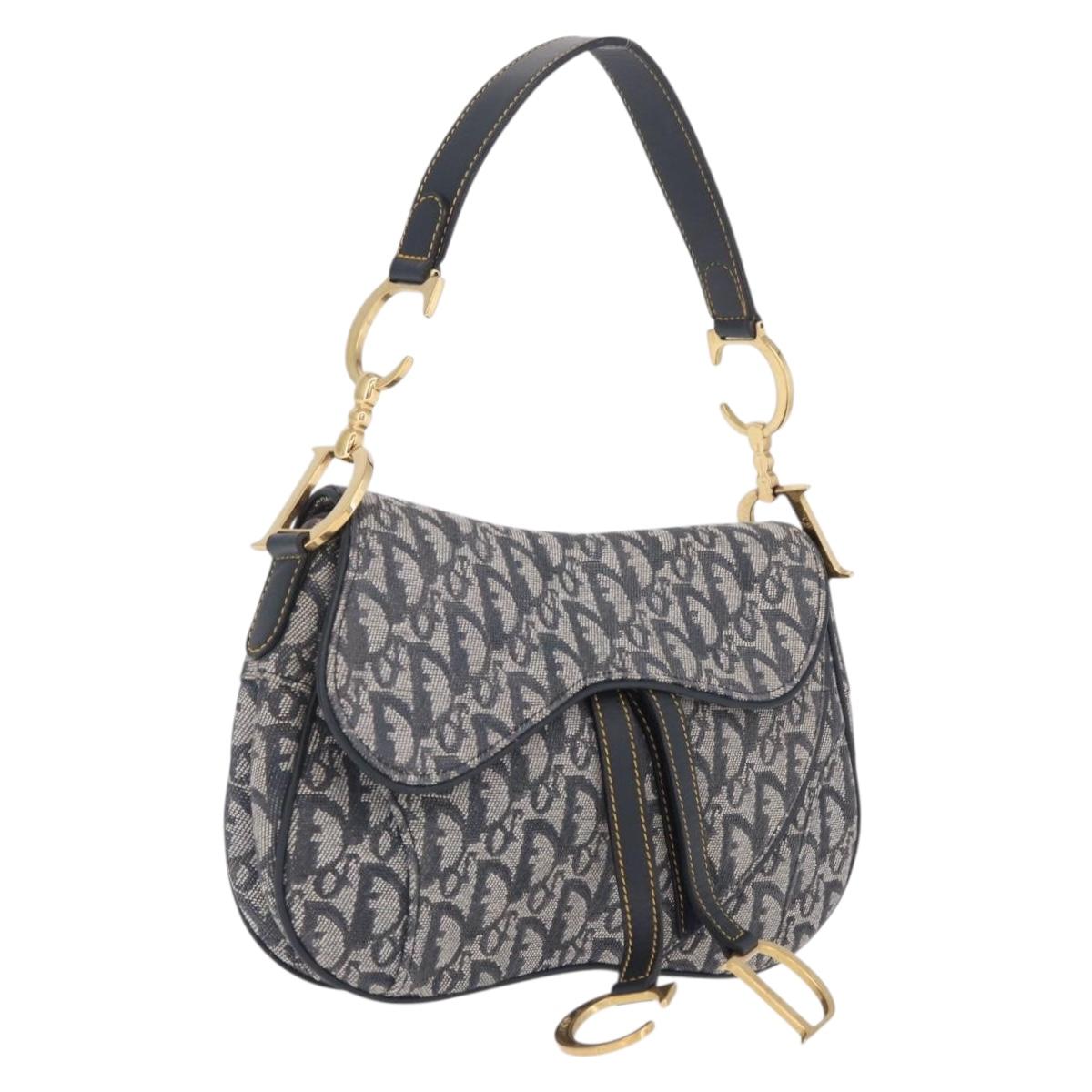 Christian Dior Trotter Canvas Saddle Shoulder Bag Navy Gold Auth 214013M