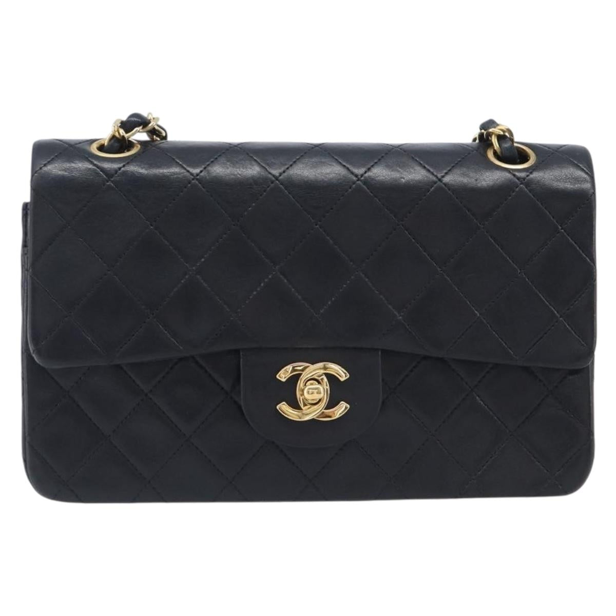 CHANEL Double Flap Chain Matelasse23 Bag Lamb Skin Black Gold CC Auth 214014SAM
