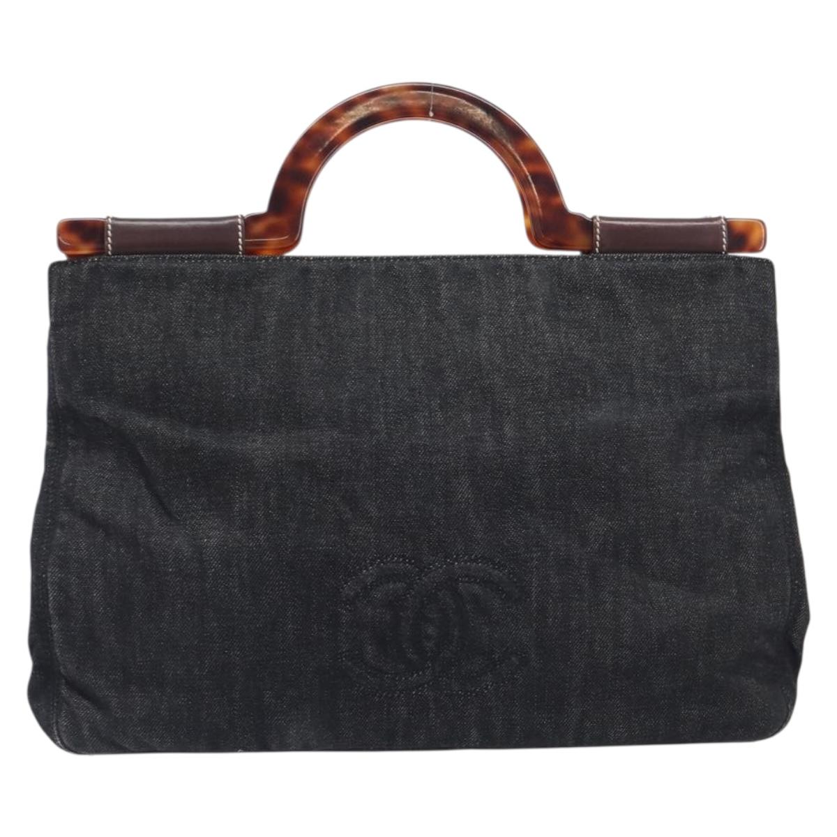 CHANEL Hand Bag Denim Black Gold CC Auth 214022A