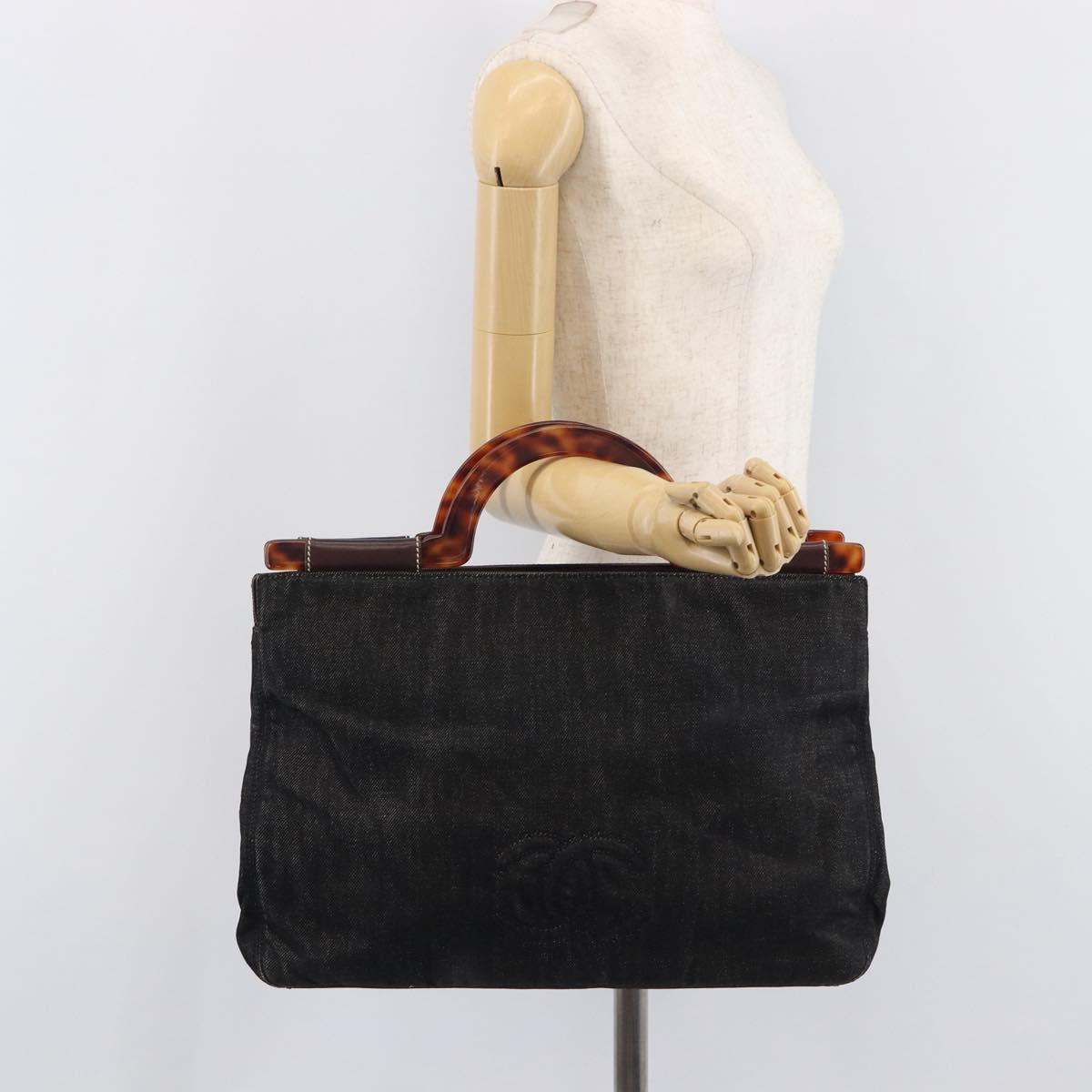 CHANEL Hand Bag Denim Black Gold CC Auth 214022A