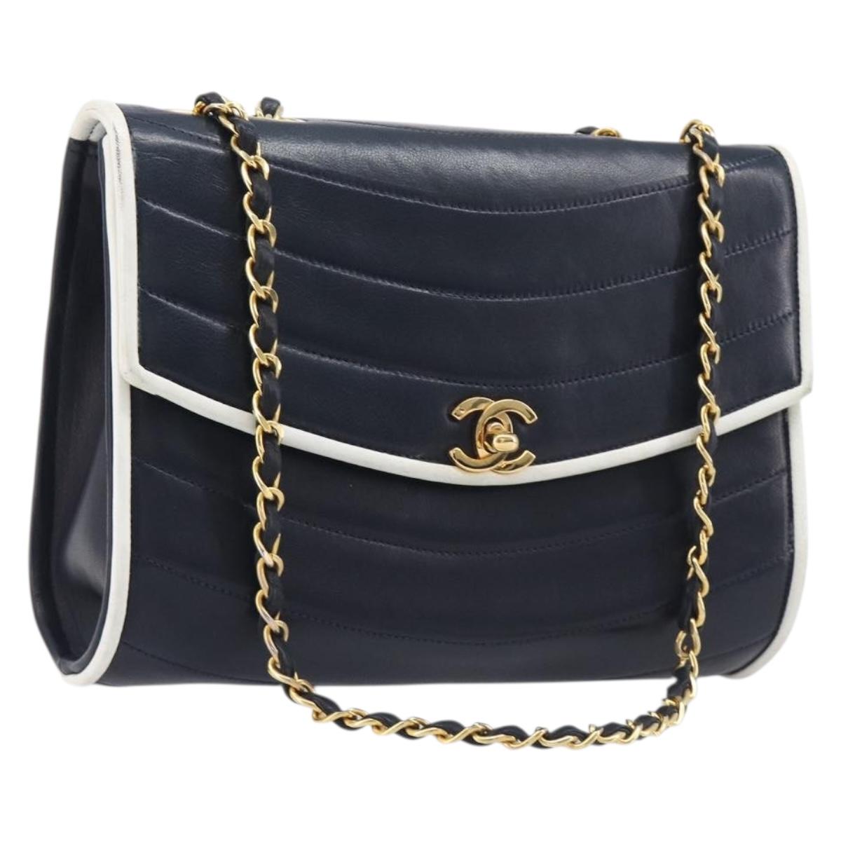 CHANEL Chain Shoulder Bag Lamb Skin Navy Gold CC Auth 214023V