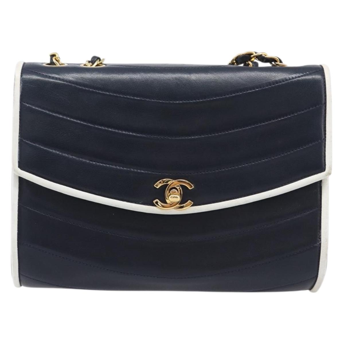 CHANEL Chain Shoulder Bag Lamb Skin Navy Gold CC Auth 214023V