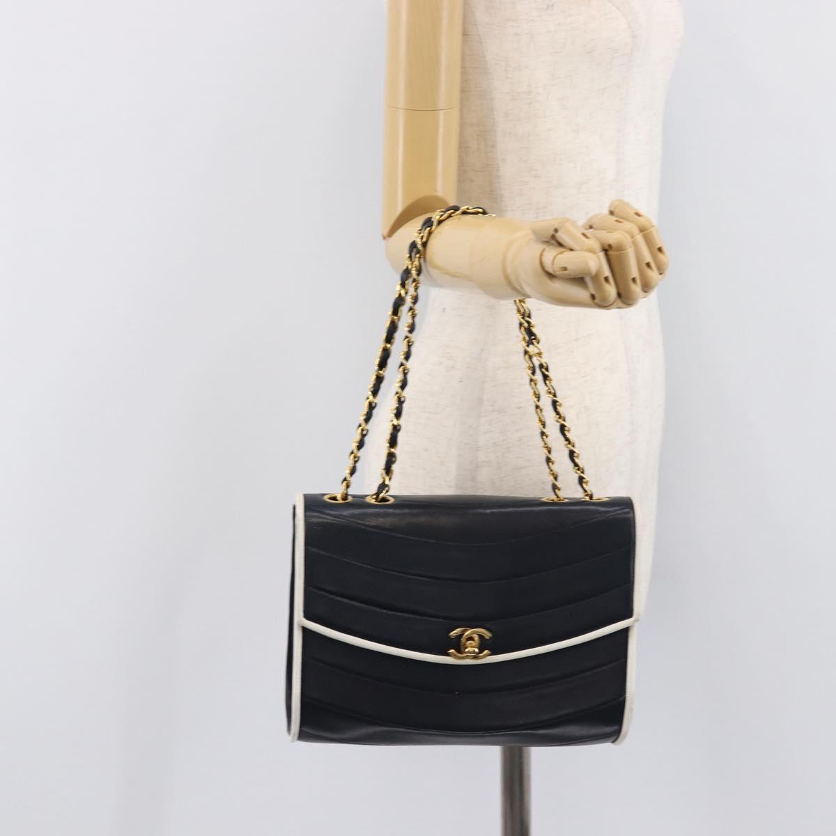 CHANEL Chain Shoulder Bag Lamb Skin Navy Gold CC Auth 214023V