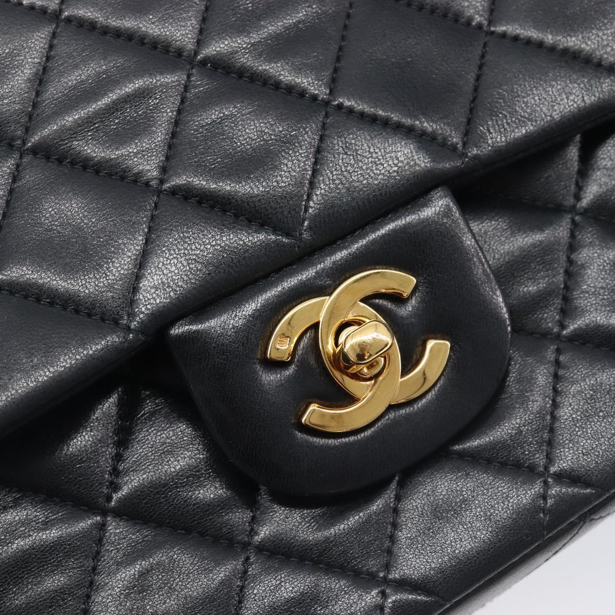 CHANEL Matelasse 25 Double Flap Chain Bag Lamb Skin Black Gold CC Auth 214024SAM