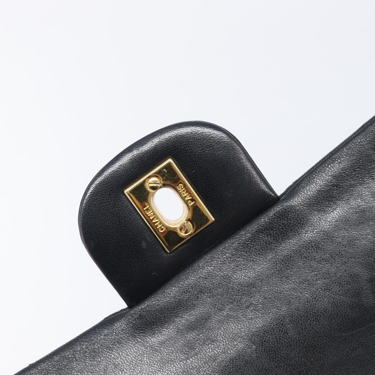 CHANEL Matelasse 25 Double Flap Chain Bag Lamb Skin Black Gold CC Auth 214024SAM