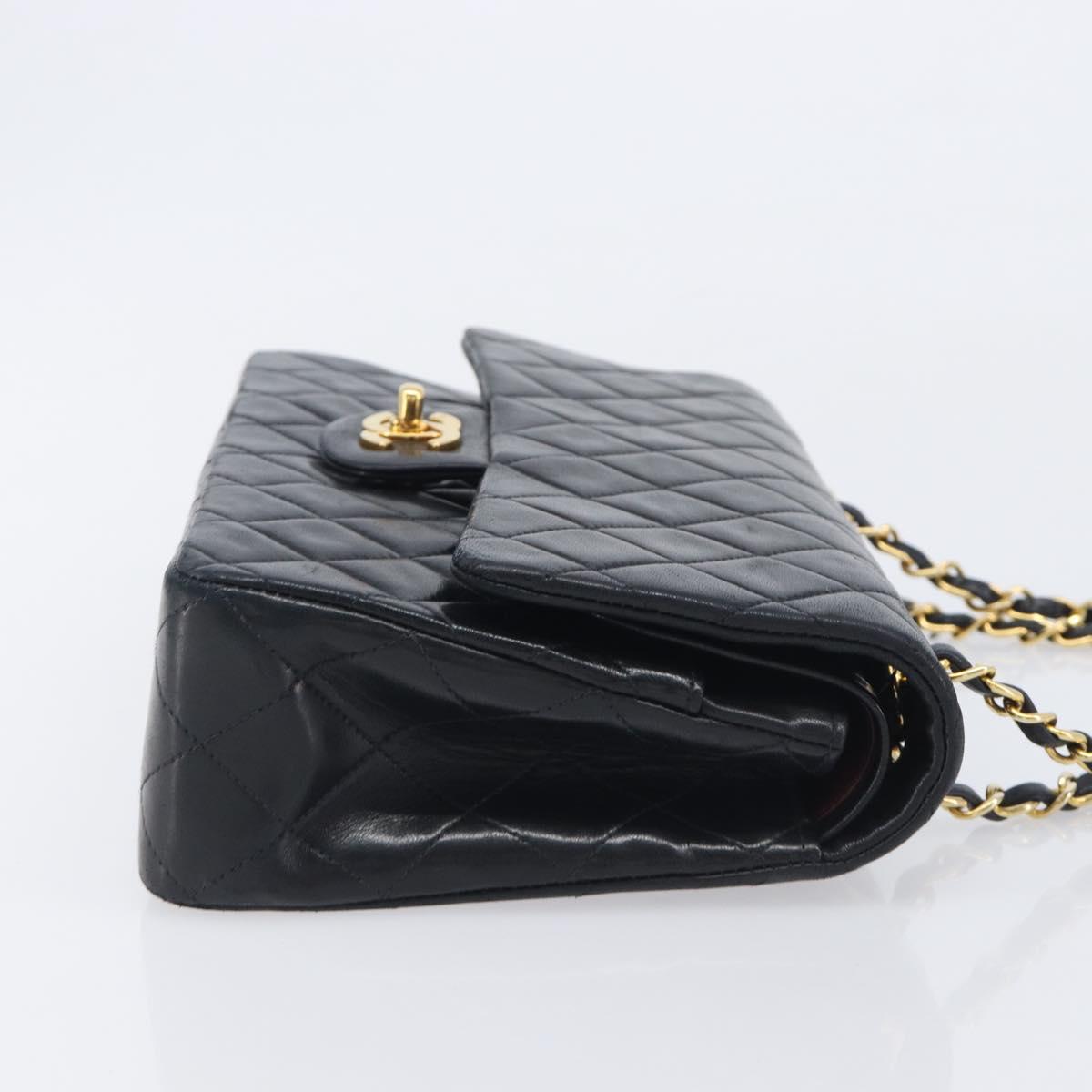 CHANEL Matelasse 25 Double Flap Chain Bag Lamb Skin Black Gold CC Auth 214024SAM