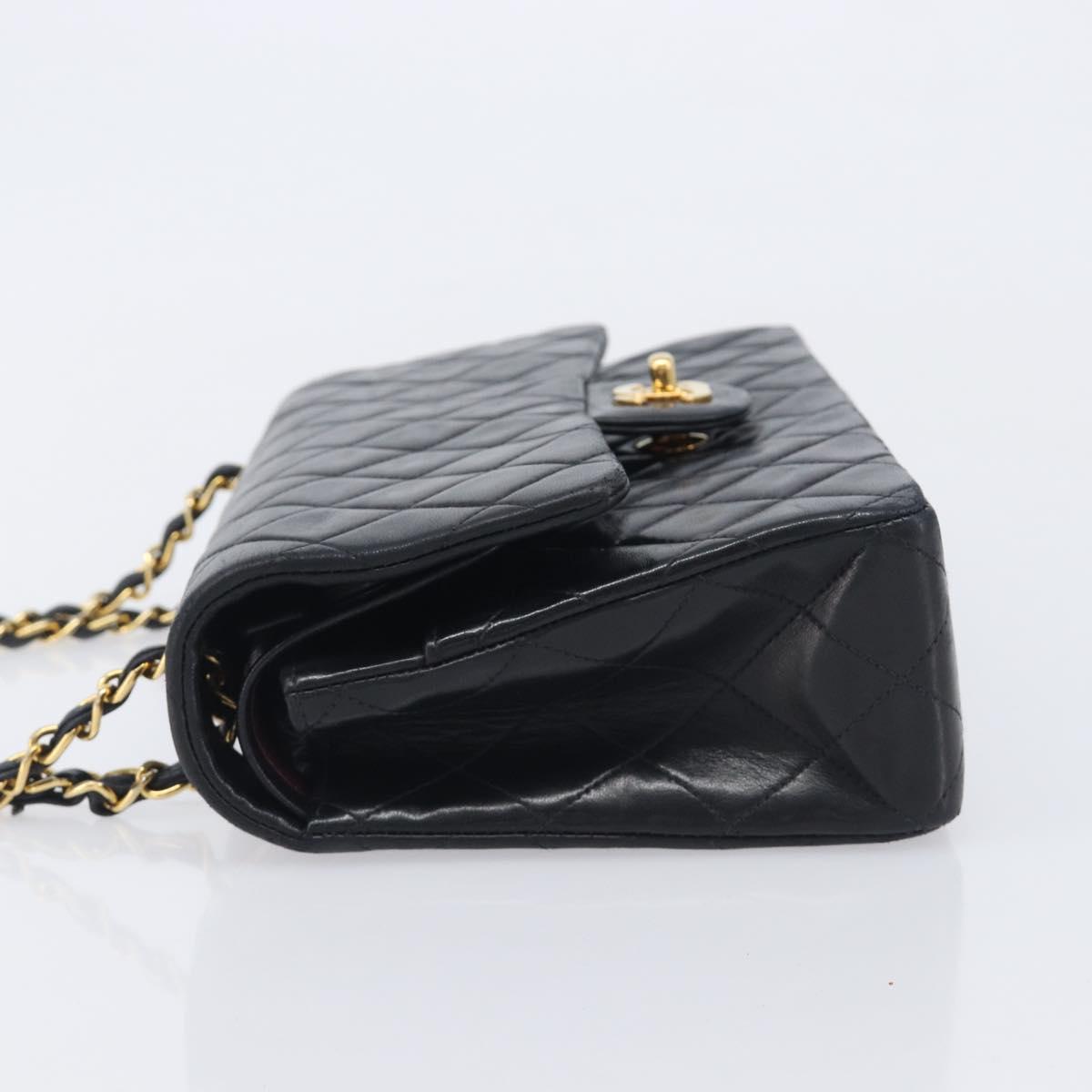 CHANEL Matelasse 25 Double Flap Chain Bag Lamb Skin Black Gold CC Auth 214024SAM