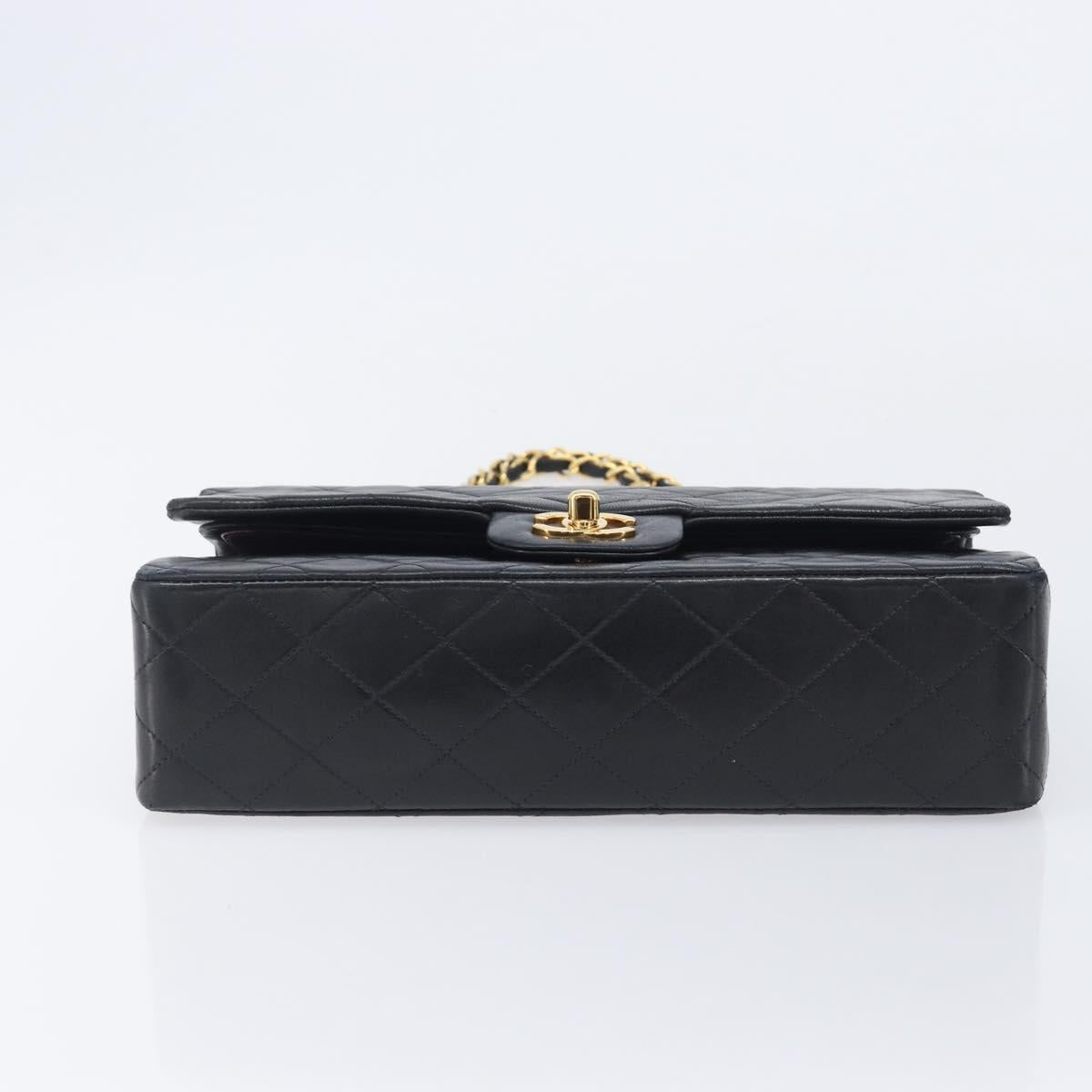 CHANEL Matelasse 25 Double Flap Chain Bag Lamb Skin Black Gold CC Auth 214024SAM