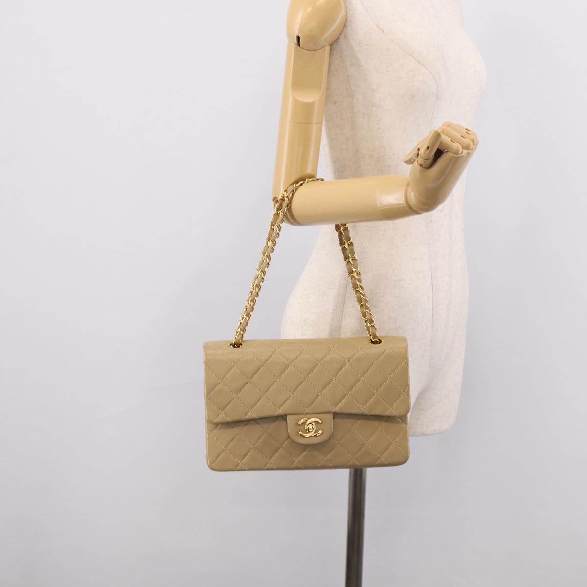 CHANEL Matelasse 25 Chain Shoulder Bag Lamb Skin Beige Gold CC Auth 214025SAM