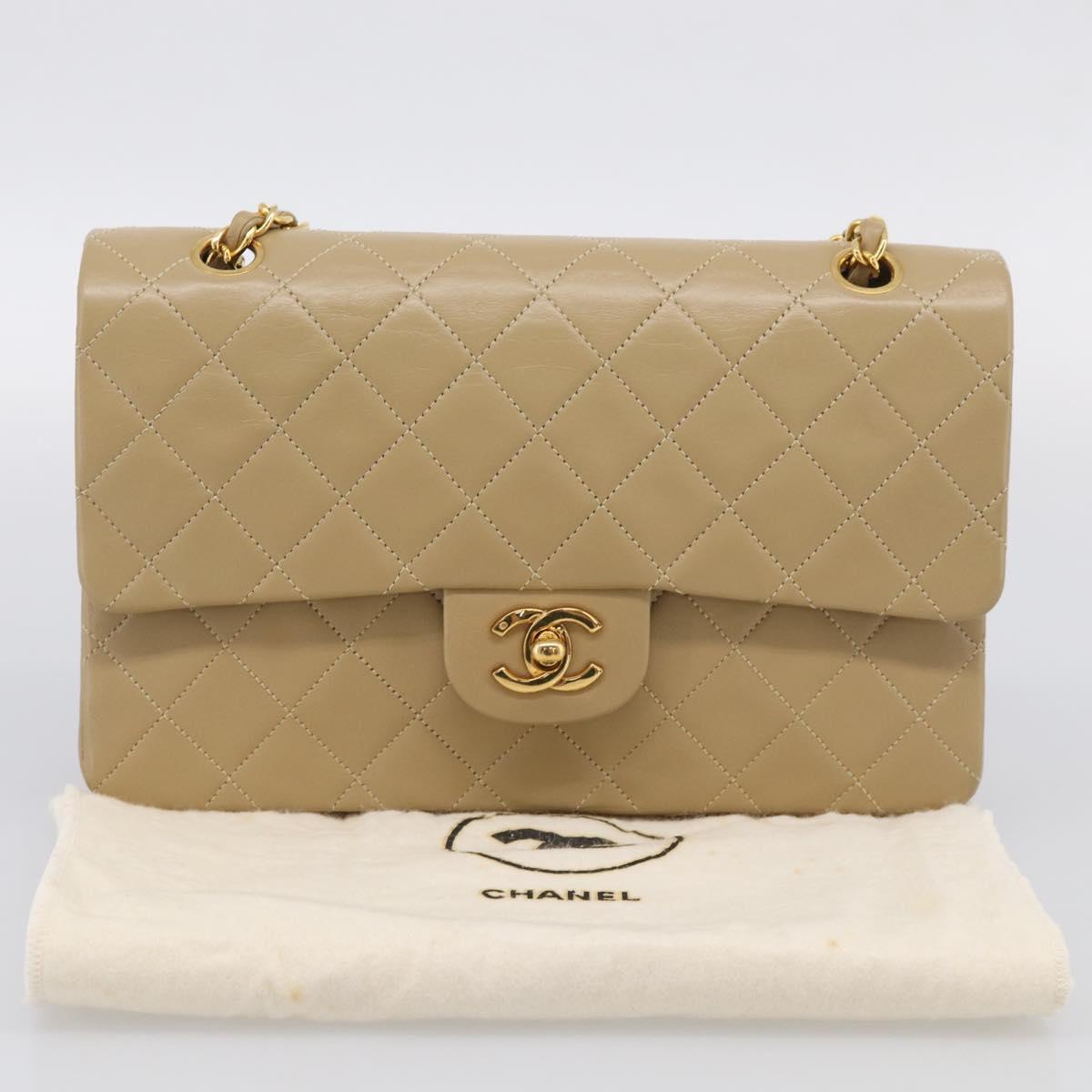 CHANEL Matelasse 25 Chain Shoulder Bag Lamb Skin Beige Gold CC Auth 214025SAM