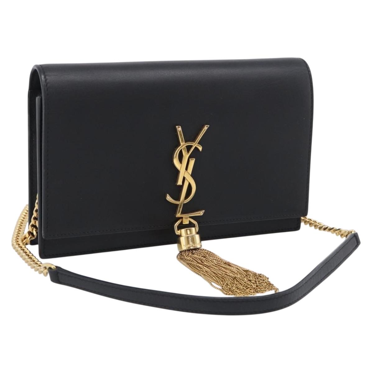 Saint Laurent Kate Chain Wallet Leather Gold Black Auth 214029M