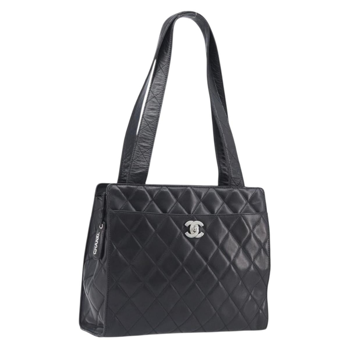 CHANEL Matelasse Tote Bag Lamb Skin Black Silver CC Auth 214030V