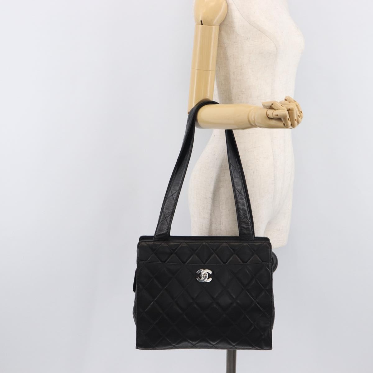 CHANEL Matelasse Tote Bag Lamb Skin Black Silver CC Auth 214030V