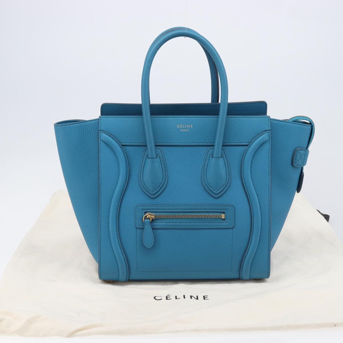 CELINE Luggage Micro Shopper Hand Bag Leather Blue Gold Auth 214041SAM
