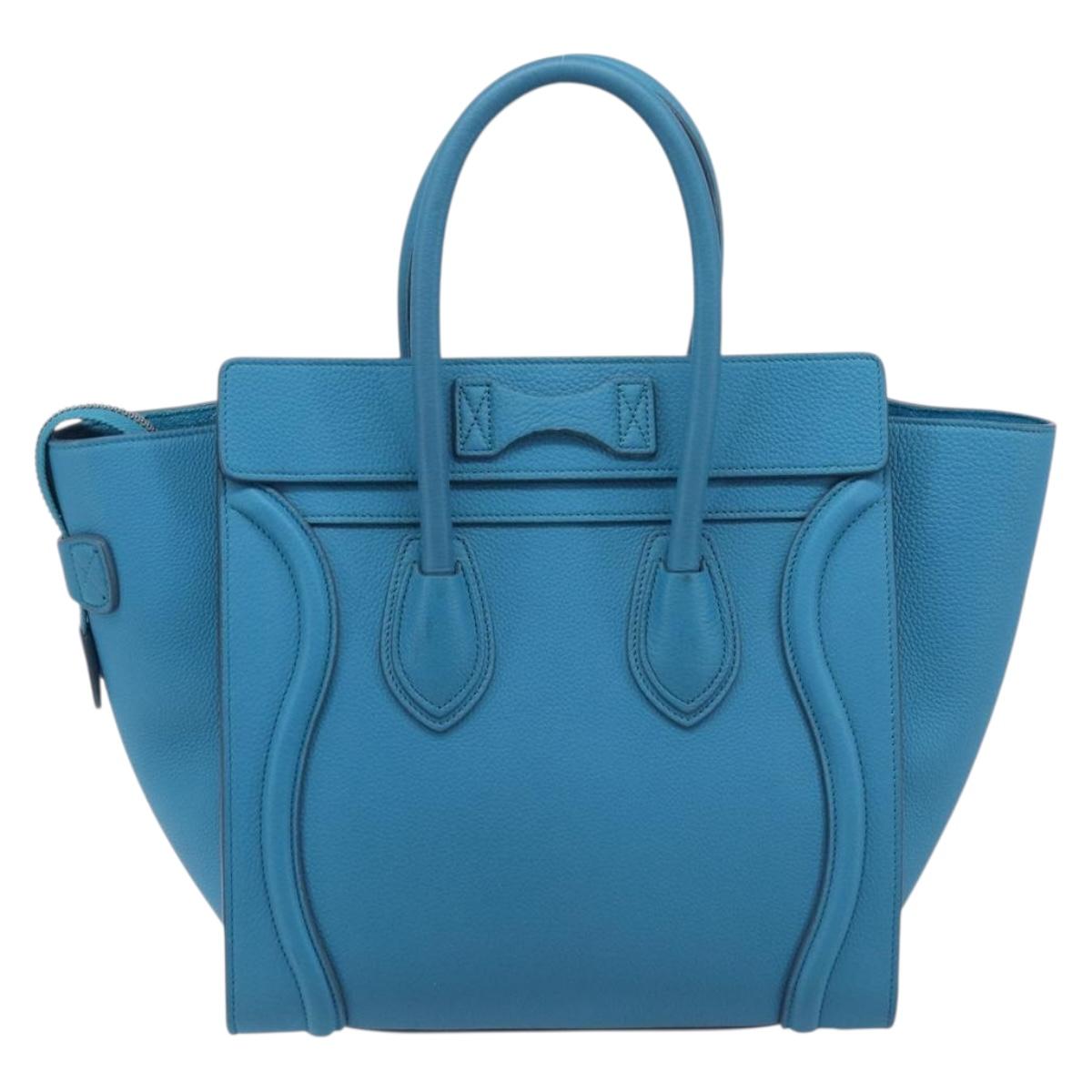 CELINE Luggage Micro Shopper Hand Bag Leather Blue Gold Auth 214041SAM