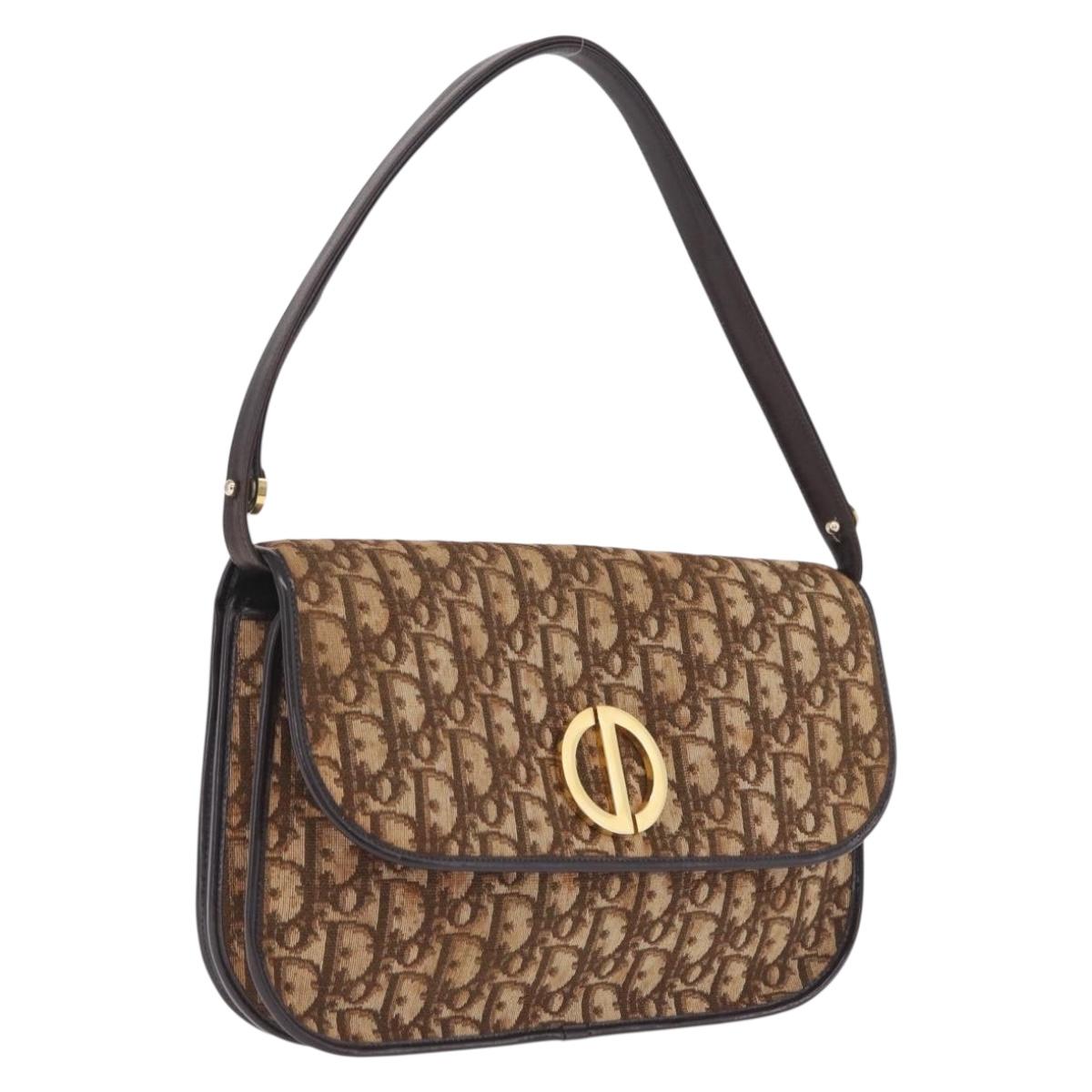 Christian Dior Trotter Canvas Shoulder Bag Beige Gold Auth 214042