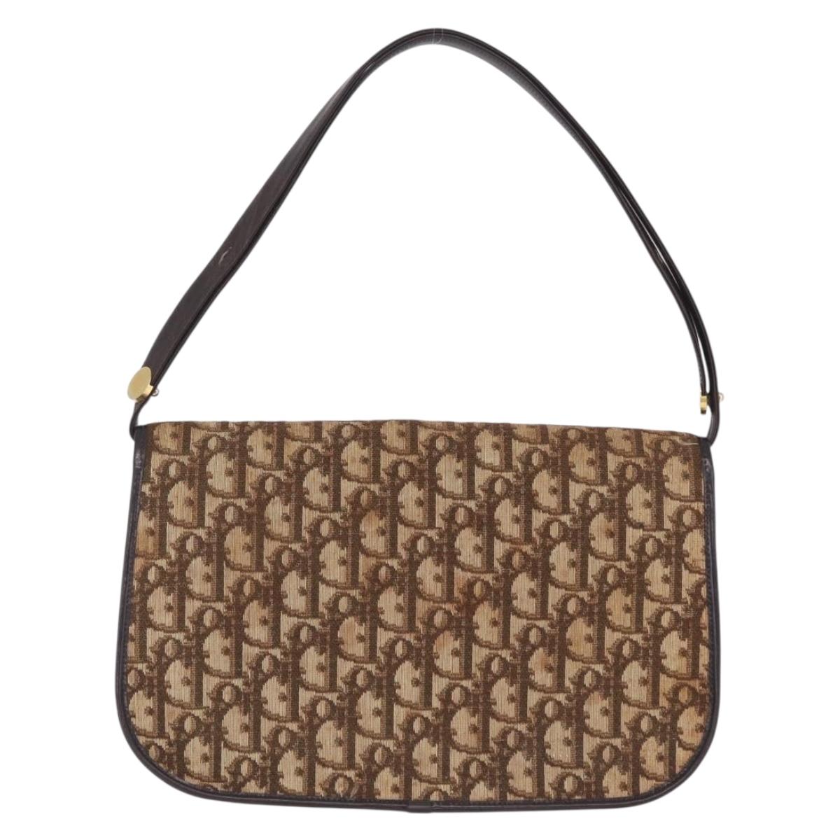 Christian Dior Trotter Canvas Shoulder Bag Beige Gold Auth 214042