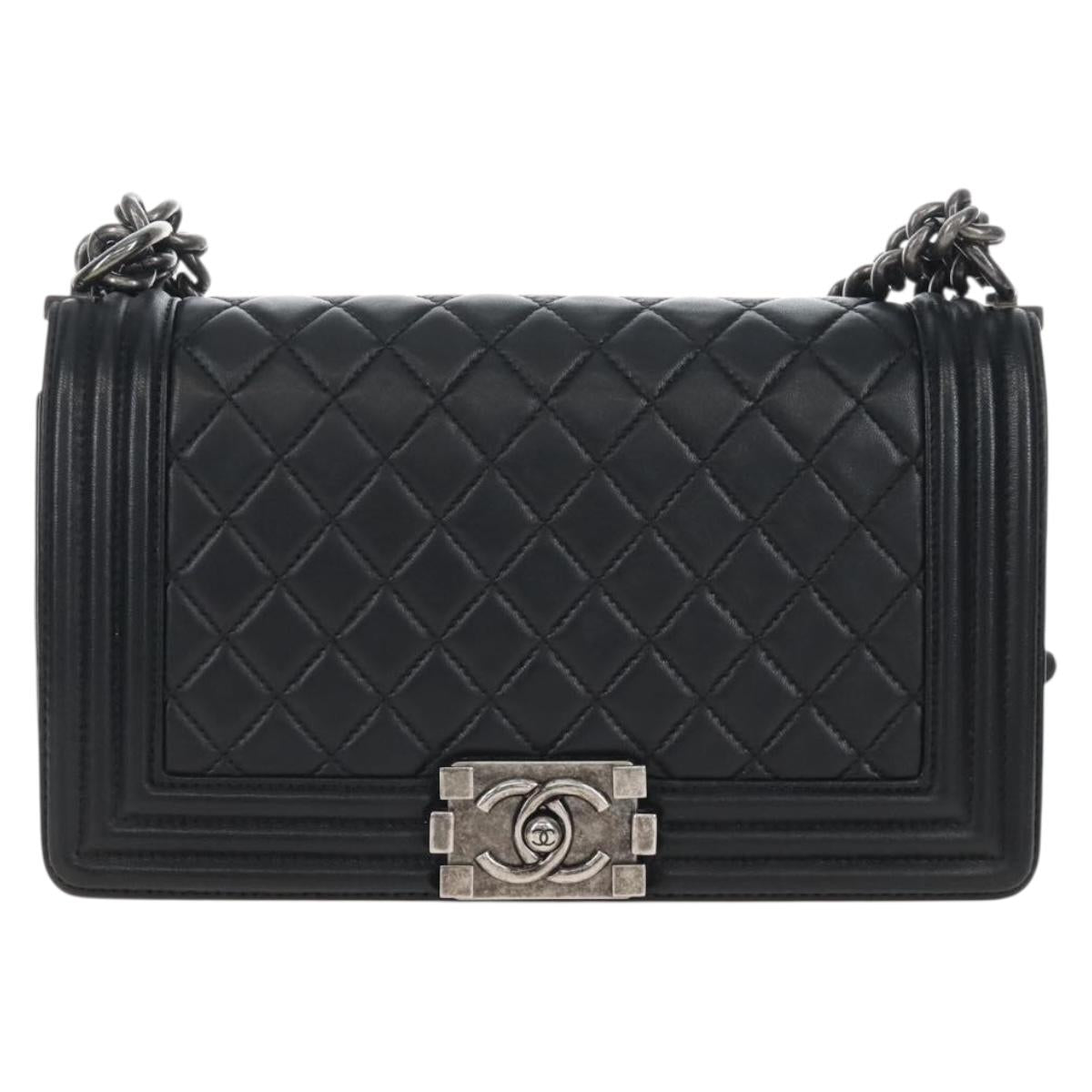 CHANEL Boy Chanel Chain Shoulder Bag Lamb Skin Black Silver CC Auth 214047SAM
