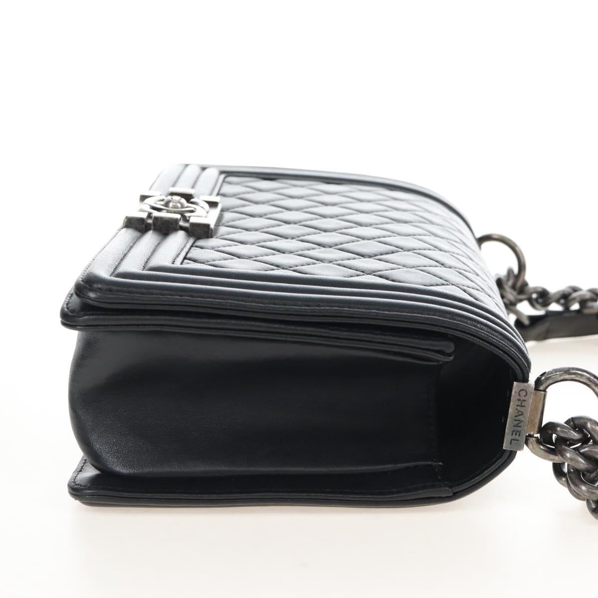 CHANEL Boy Chanel Chain Shoulder Bag Lamb Skin Black Silver CC Auth 214047SAM