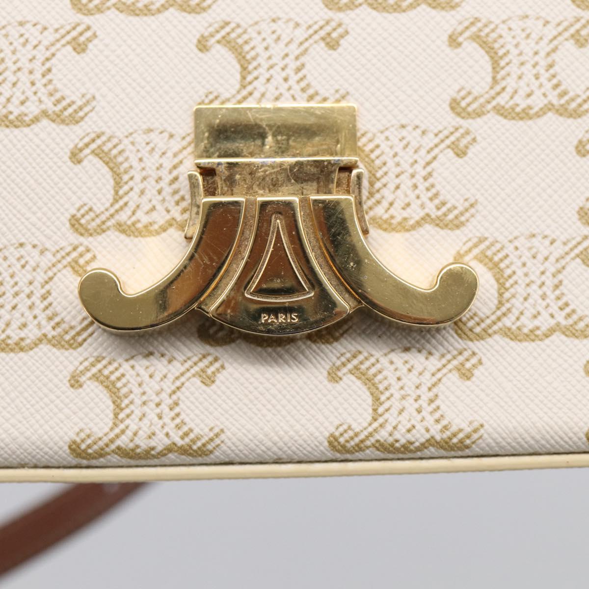 CELINE Triomphe Claude Shoulder Bag Leather White Gold Auth 214052M