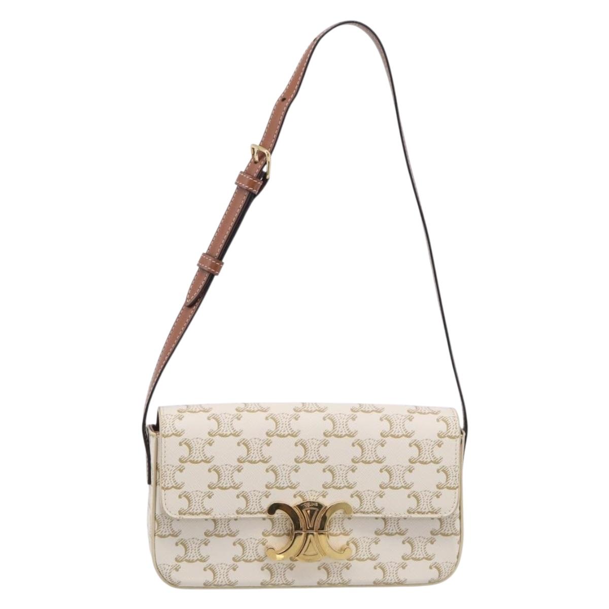 CELINE Triomphe Claude Shoulder Bag Leather White Gold Auth 214052M