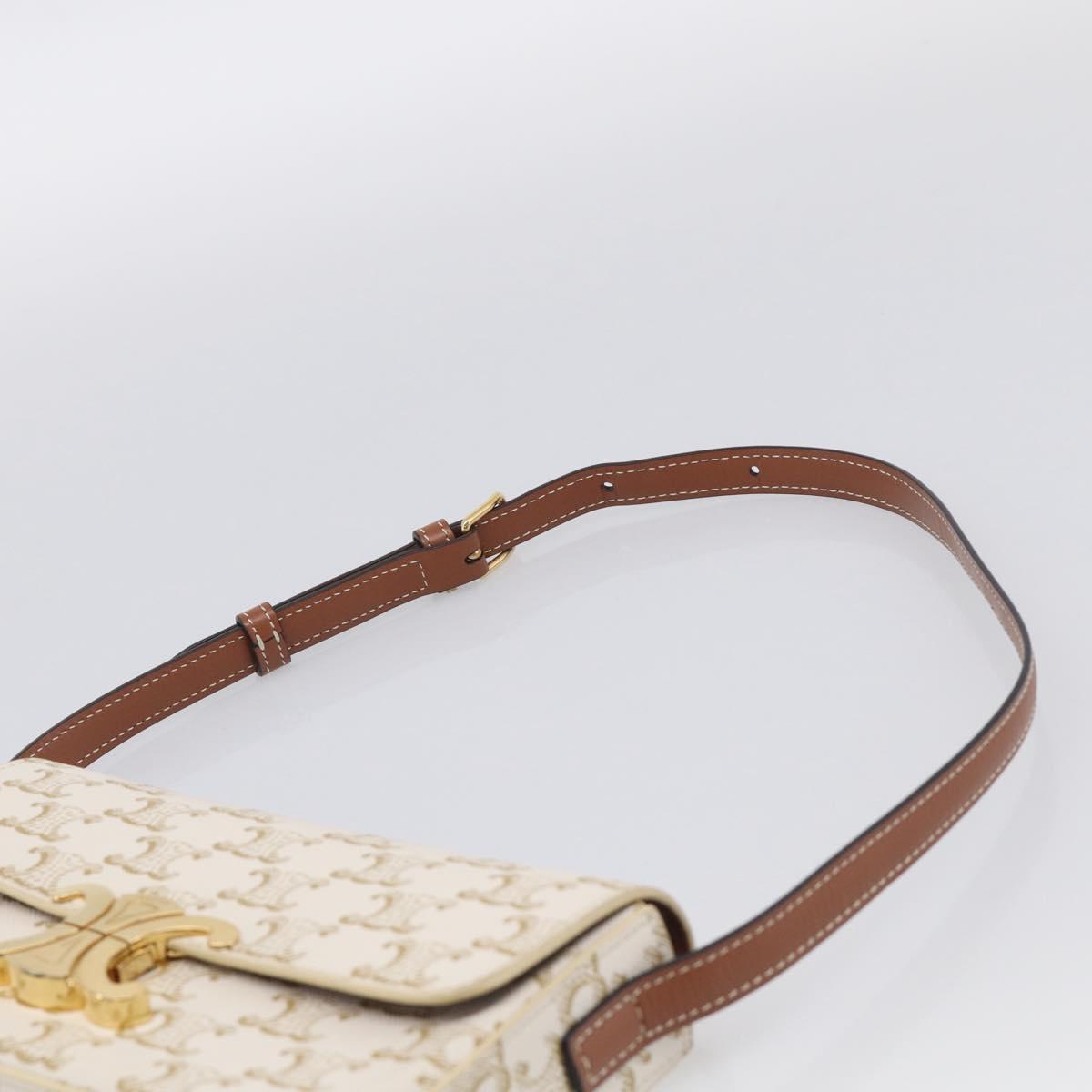 CELINE Triomphe Claude Shoulder Bag Leather White Gold Auth 214052M