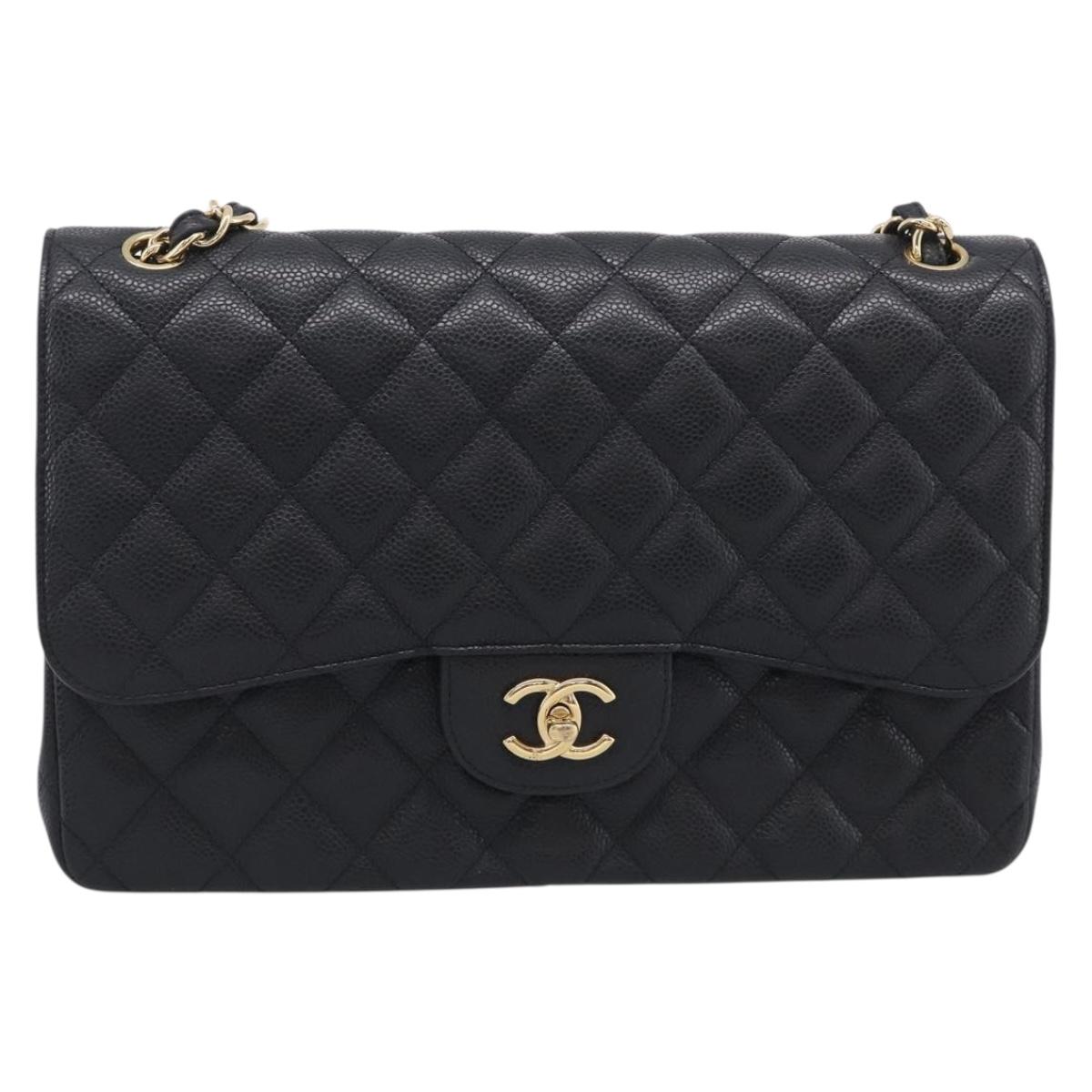 CHANEL Big Matelasse30 Chain Bag Caviar Skin Black Gold CC Auth 214053SAM