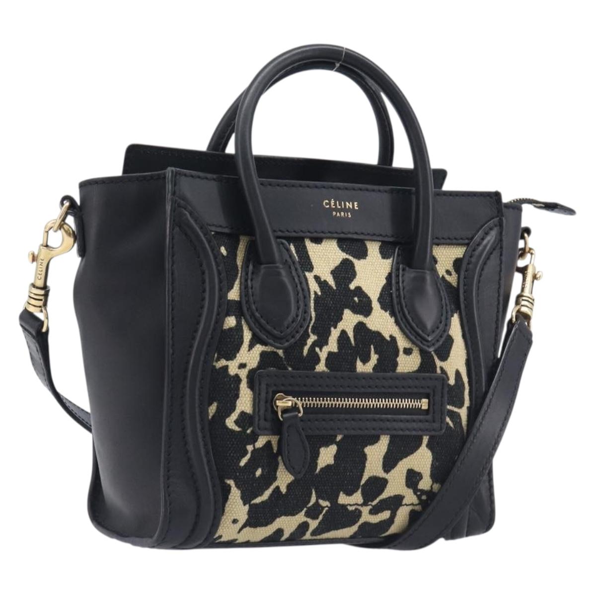 CELINE Leopard Pattern Luggage Nano Shopper Bag Canvas Leather 2way Auth 214054M