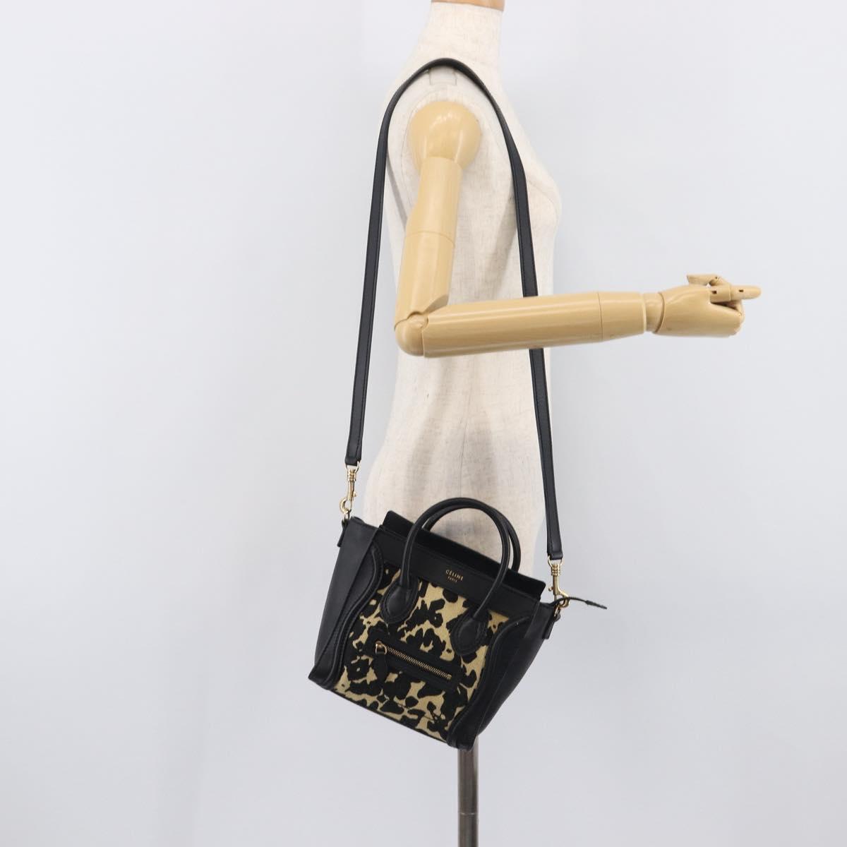 CELINE Leopard Pattern Luggage Nano Shopper Bag Canvas Leather 2way Auth 214054M