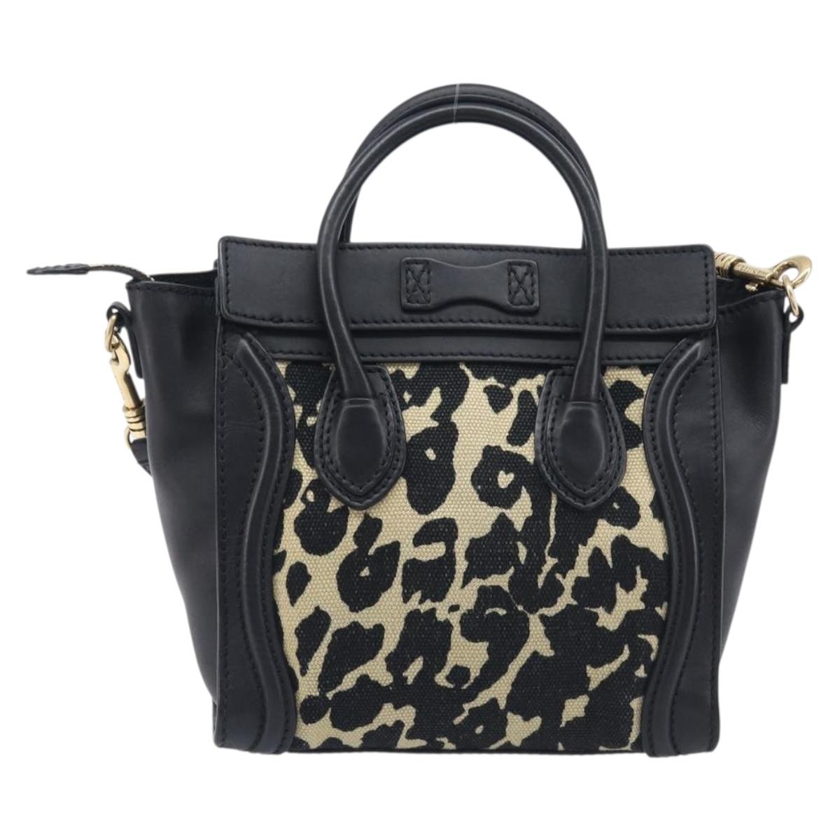CELINE Leopard Pattern Luggage Nano Shopper Bag Canvas Leather 2way Auth 214054M