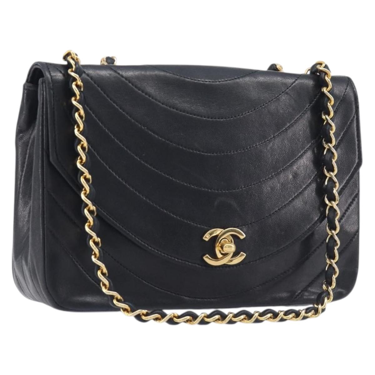 CHANEL Chain Shoulder Bag Lamb Skin Black Gold CC Auth 214056V